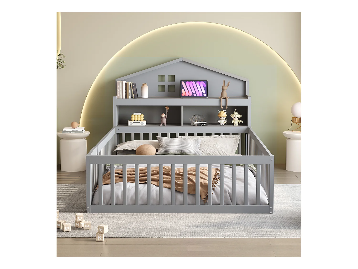 Lit mezzanine 140x200 cm avec tête de lit, étagères, porte, protection et cadre en bois, gris (235x145x115 cm)