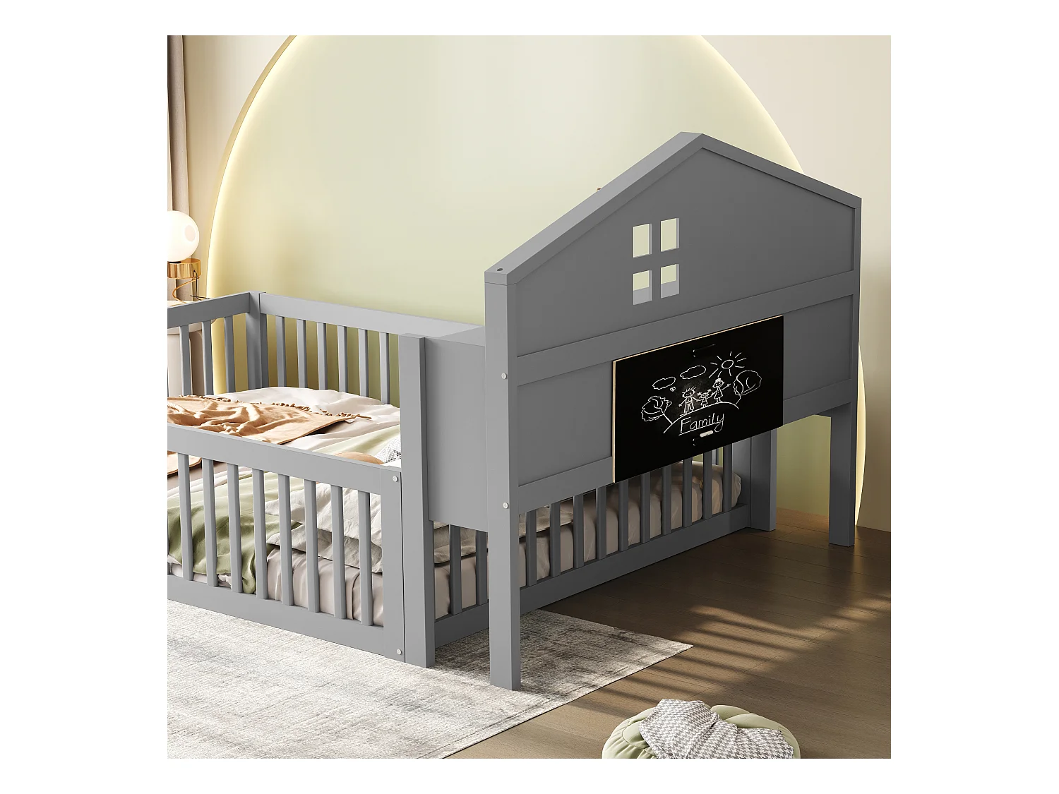 Lit mezzanine 140x200 cm avec tête de lit, étagères, porte, protection et cadre en bois, gris (235x145x115 cm)