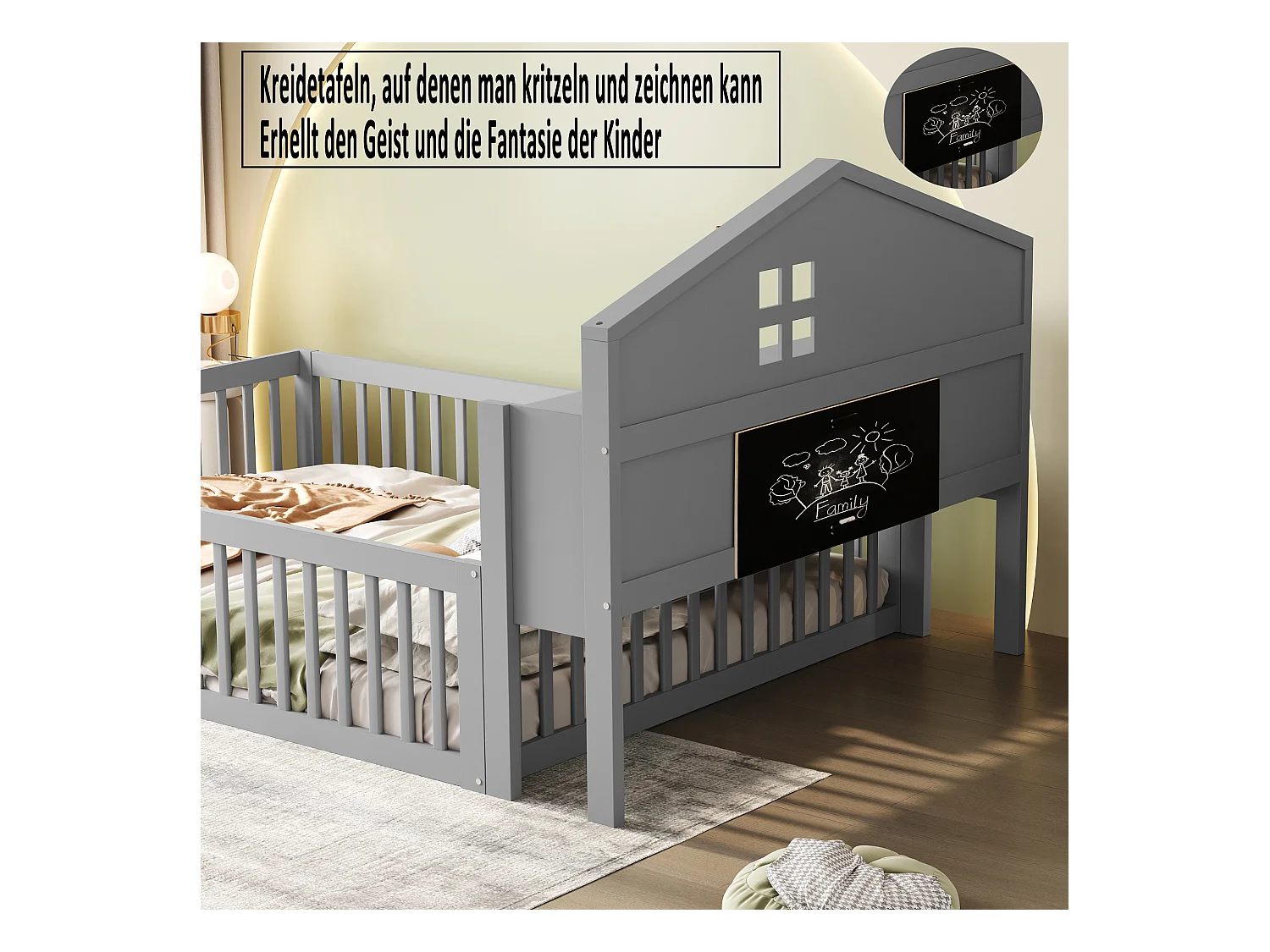 Lit mezzanine 140x200 cm avec tête de lit, étagères, porte, protection et cadre en bois, gris (235x145x115 cm)