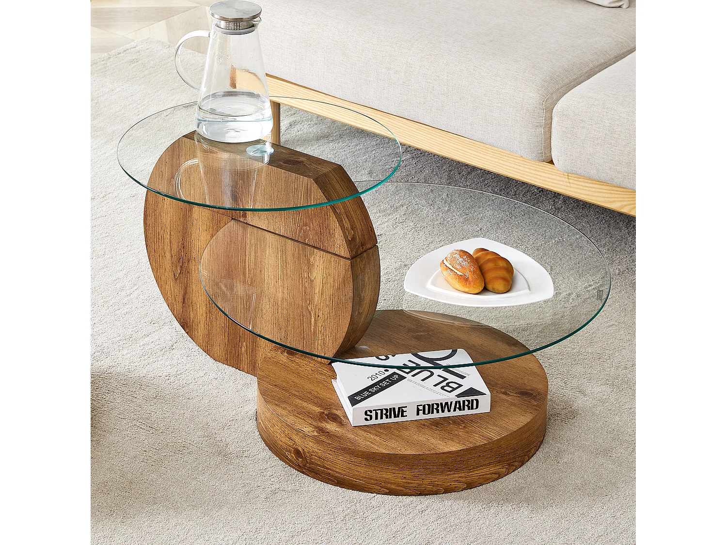 Salontafel van gehard glas, minimalistisch design, MDF en glas, natuurlijke houtstructuur (90x69,8x43,2 cm)