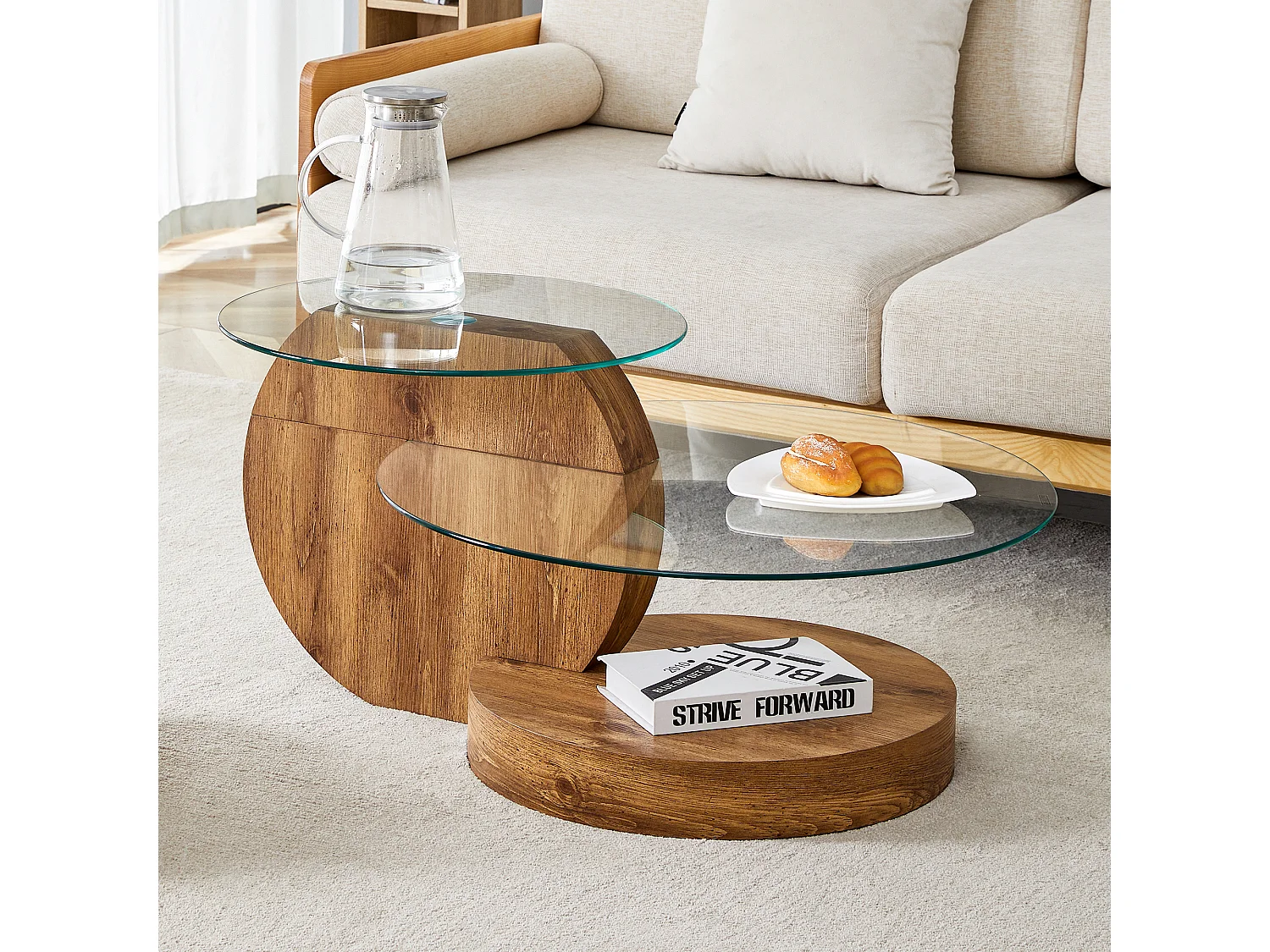 Salontafel van gehard glas, minimalistisch design, MDF en glas, natuurlijke houtstructuur (90x69,8x43,2 cm)