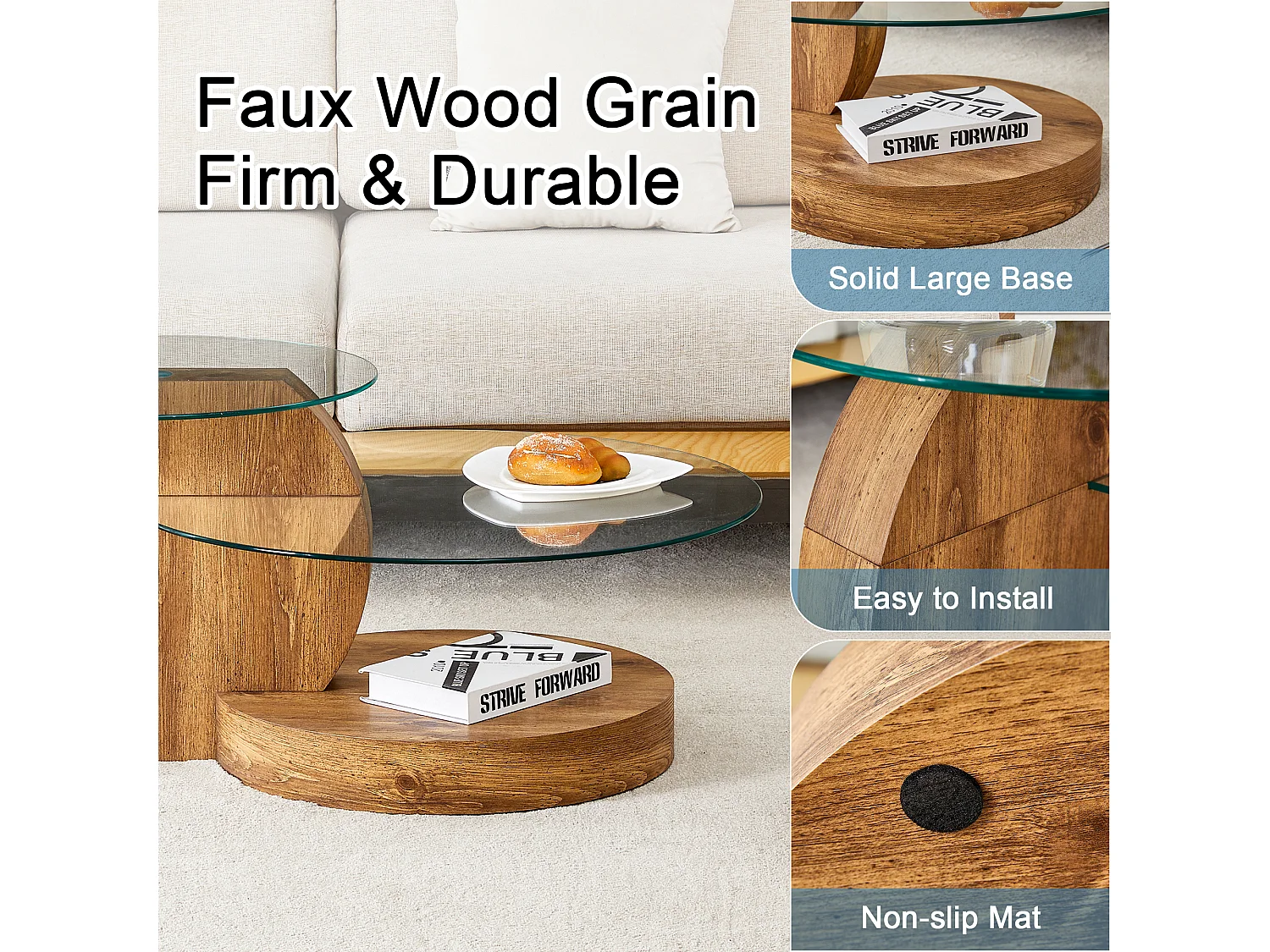 Salontafel van gehard glas, minimalistisch design, MDF en glas, natuurlijke houtstructuur (90x69,8x43,2 cm)