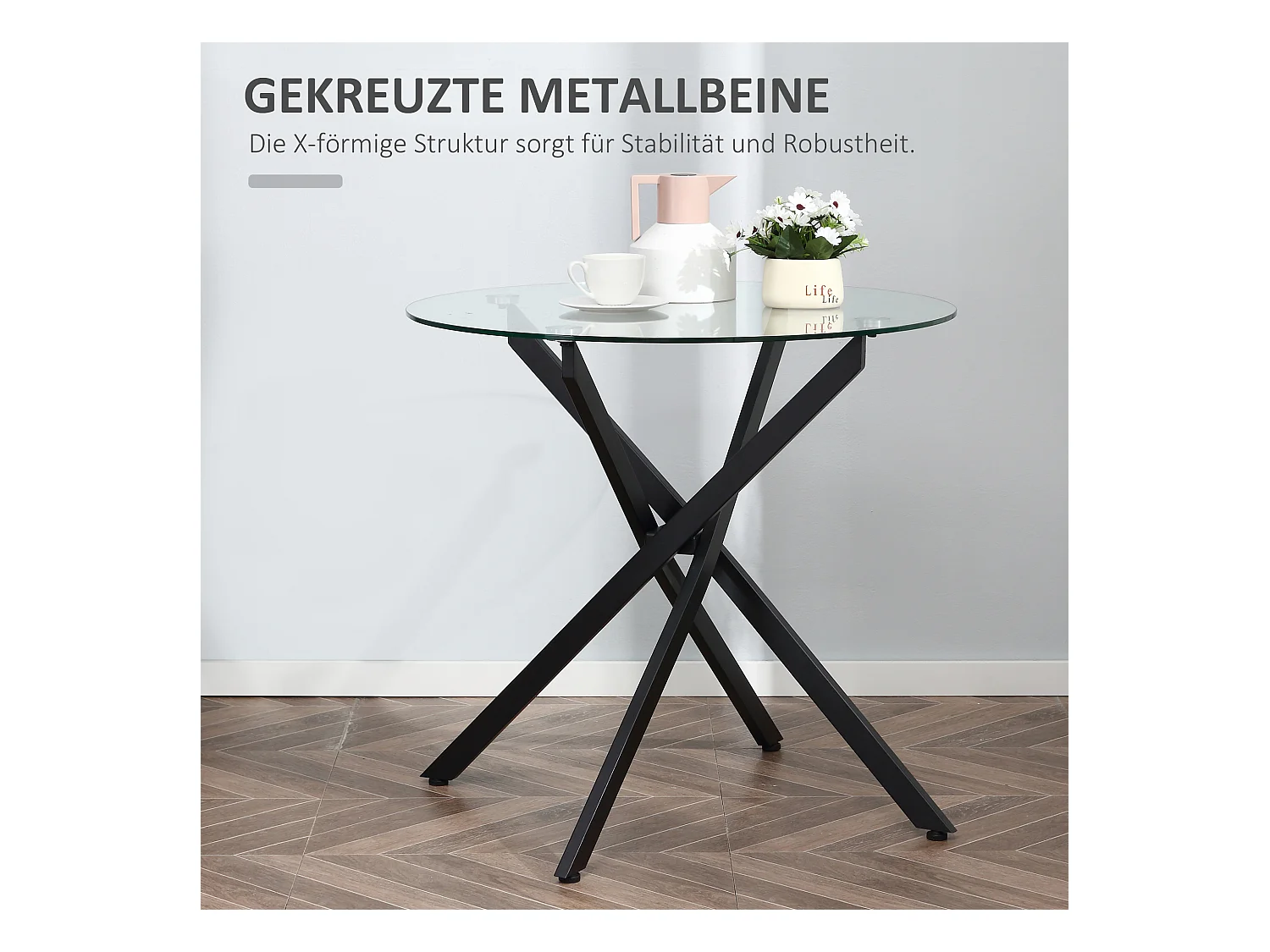 Table basse ronde en verre de sécurité noir, table d'appoint avec structure en métal (80x80x75 cm)