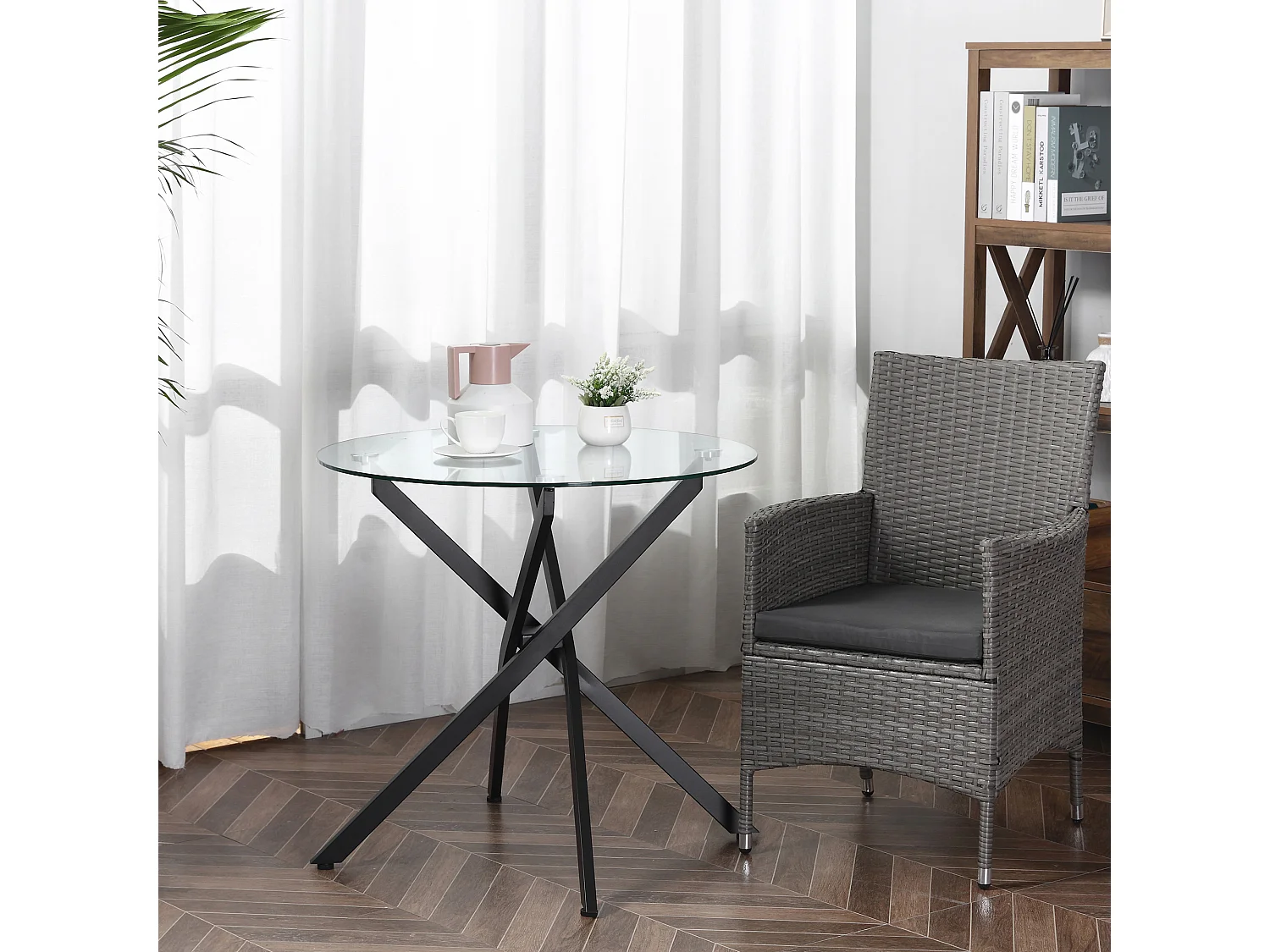 Table basse ronde en verre de sécurité noir, table d'appoint avec structure en métal (80x80x75 cm)