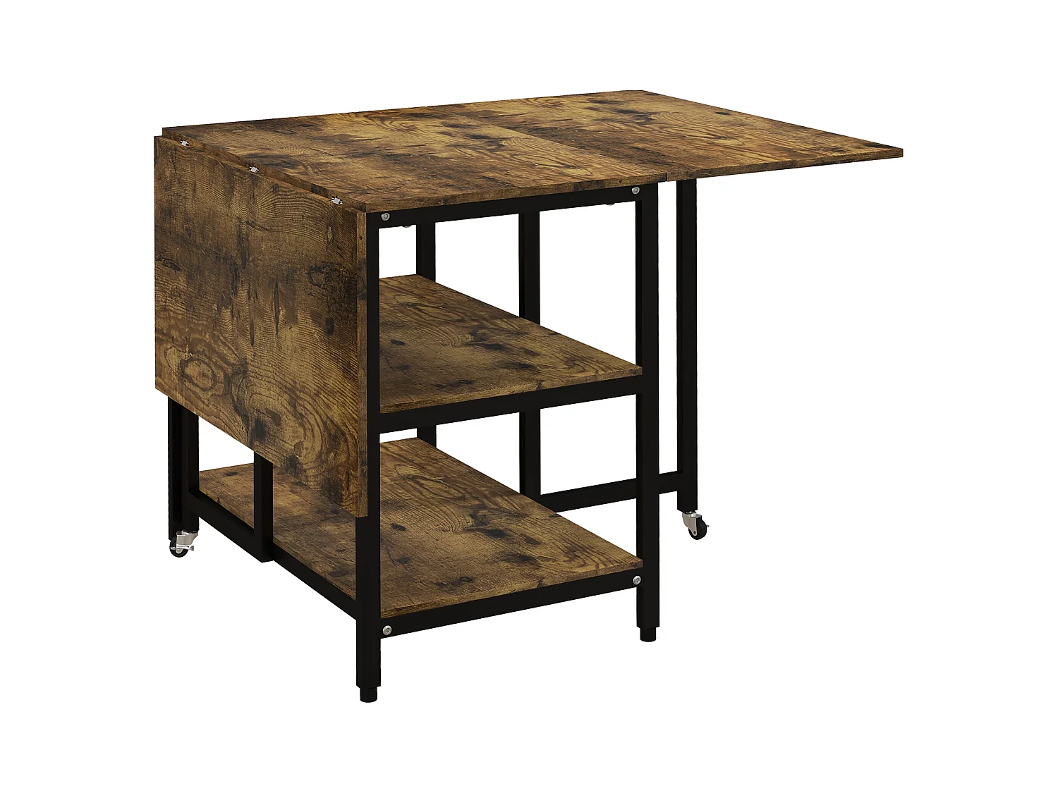 Table à Pliage avec 2 Étagères, Acier, Bois Rustique (140x80x75 cm)