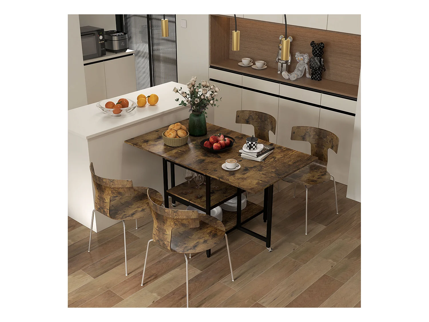 Table à Pliage avec 2 Étagères, Acier, Bois Rustique (140x80x75 cm)