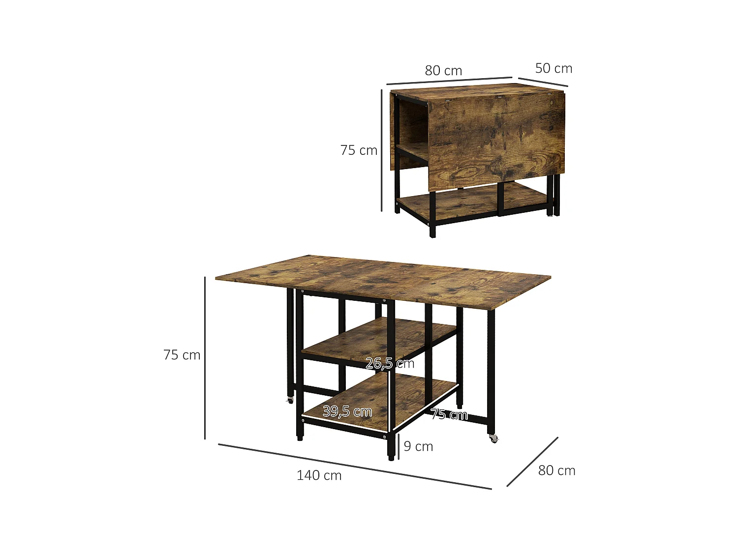 Table à Pliage avec 2 Étagères, Acier, Bois Rustique (140x80x75 cm)