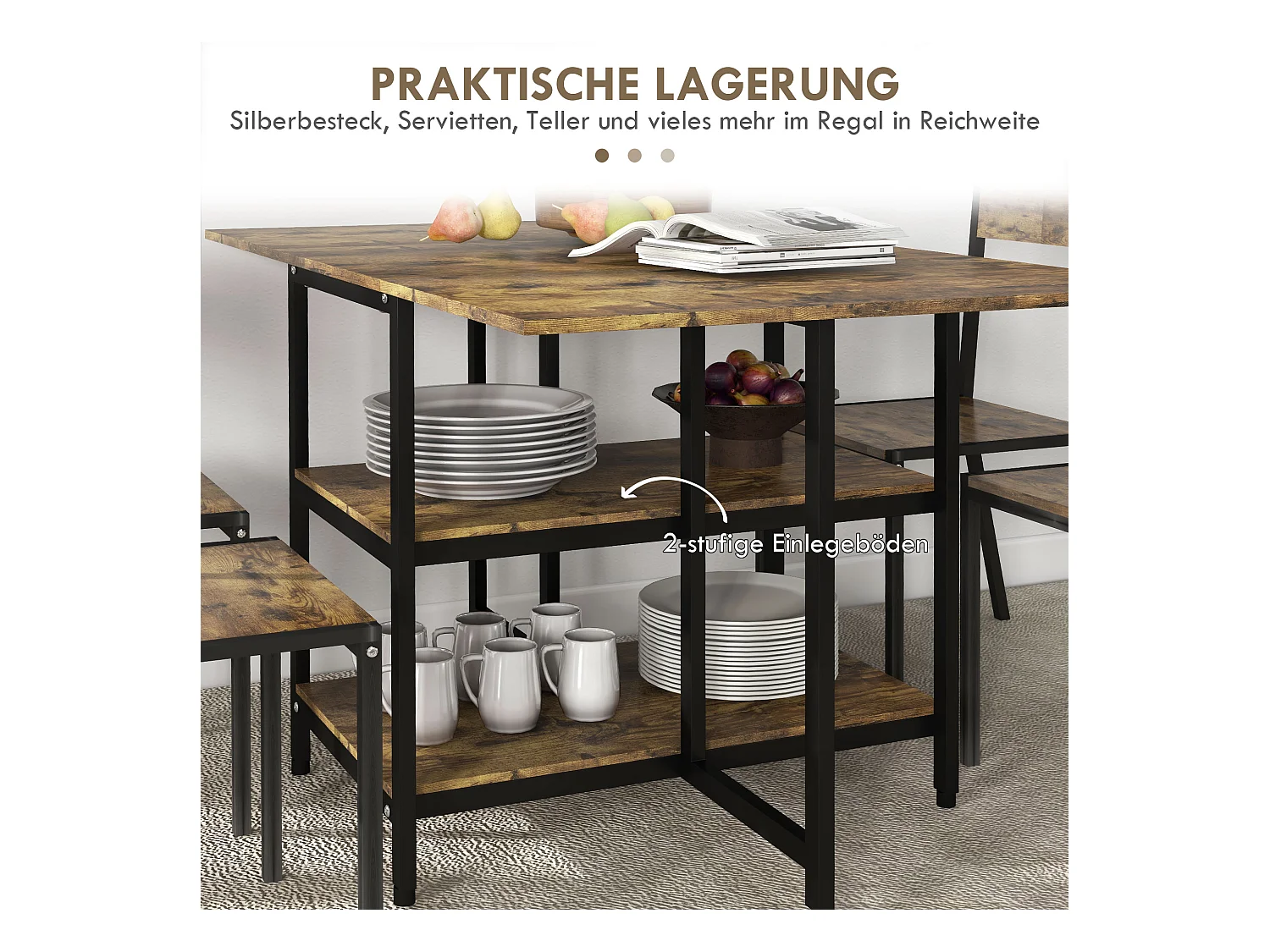 Table à Pliage avec 2 Étagères, Acier, Bois Rustique (140x80x75 cm)