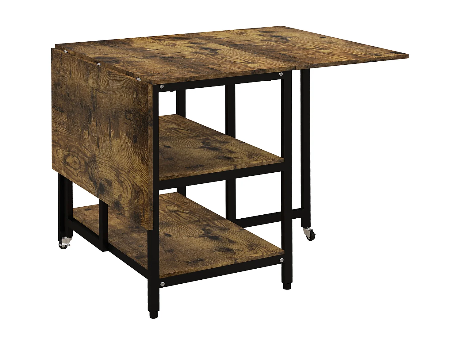 Table à Pliage avec 2 Étagères, Acier, Bois Rustique (140x80x75 cm)