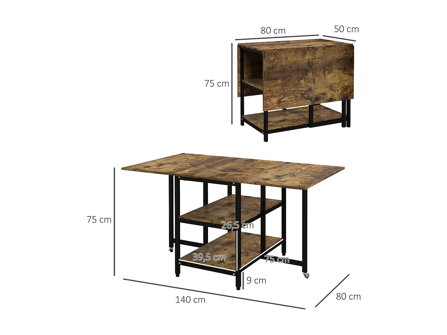 Table à Pliage avec 2 Étagères, Acier, Bois Rustique (140x80x75 cm)