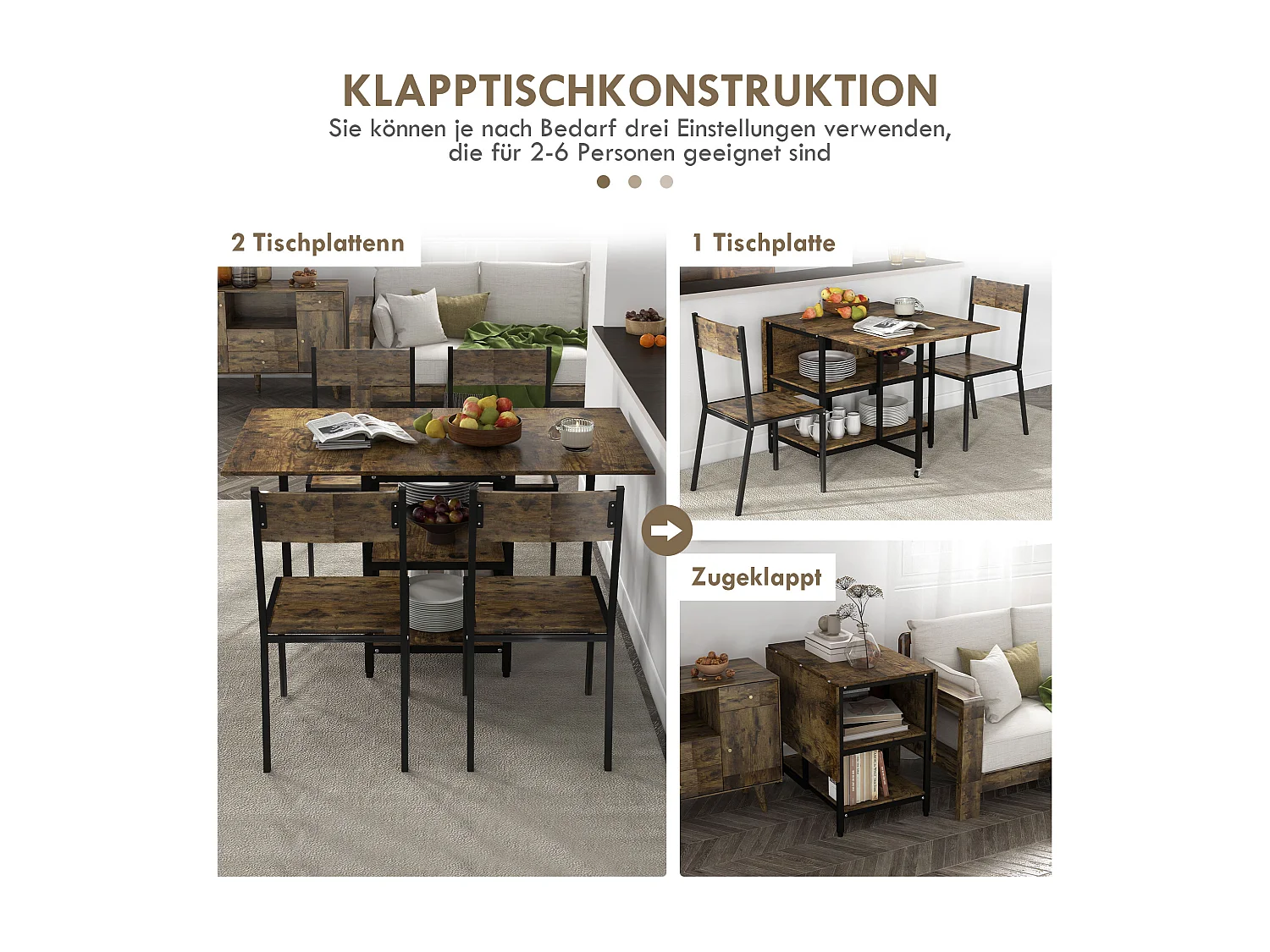 Table à Pliage avec 2 Étagères, Acier, Bois Rustique (140x80x75 cm)