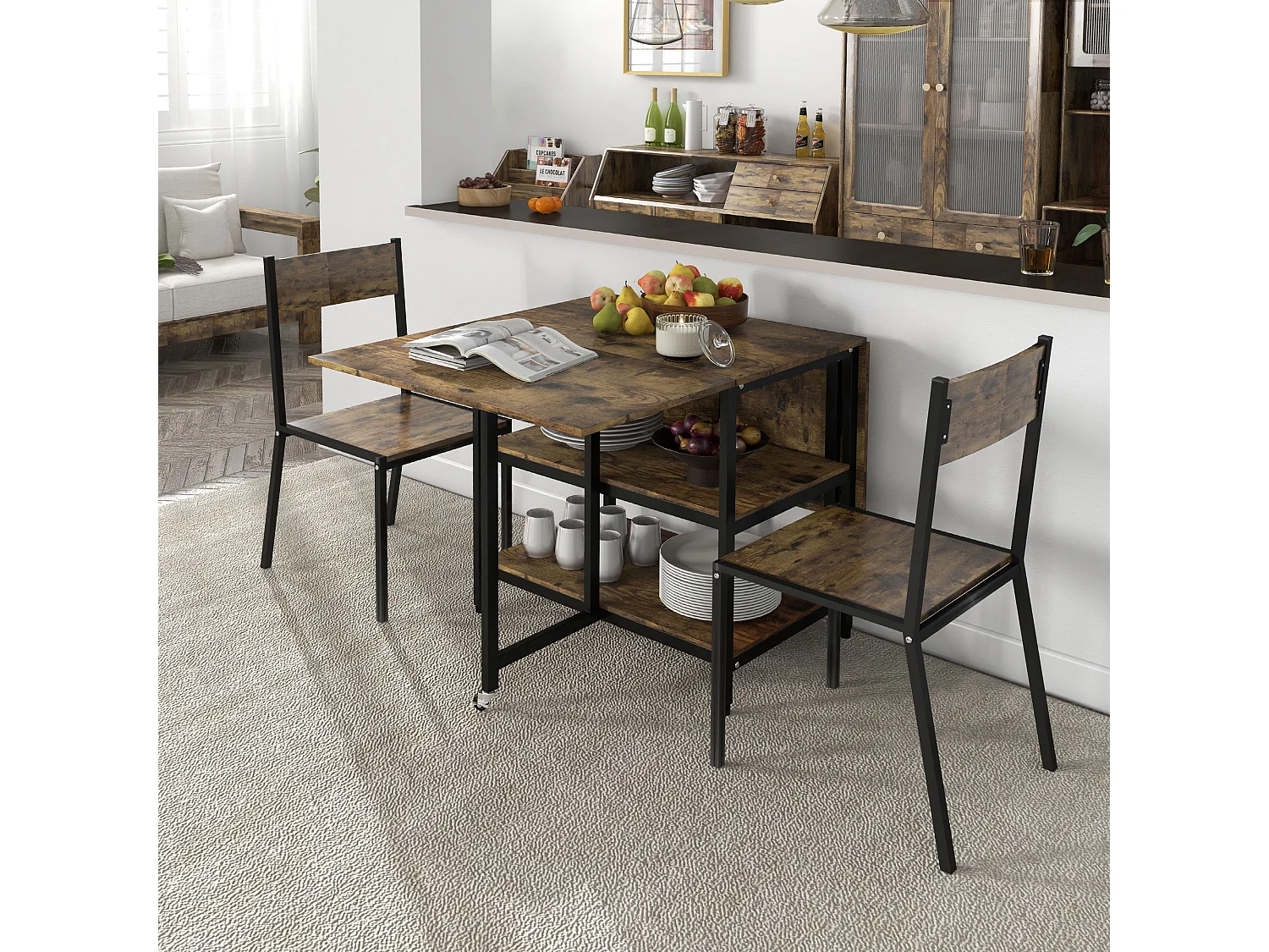 Table à Pliage avec 2 Étagères, Acier, Bois Rustique (140x80x75 cm)