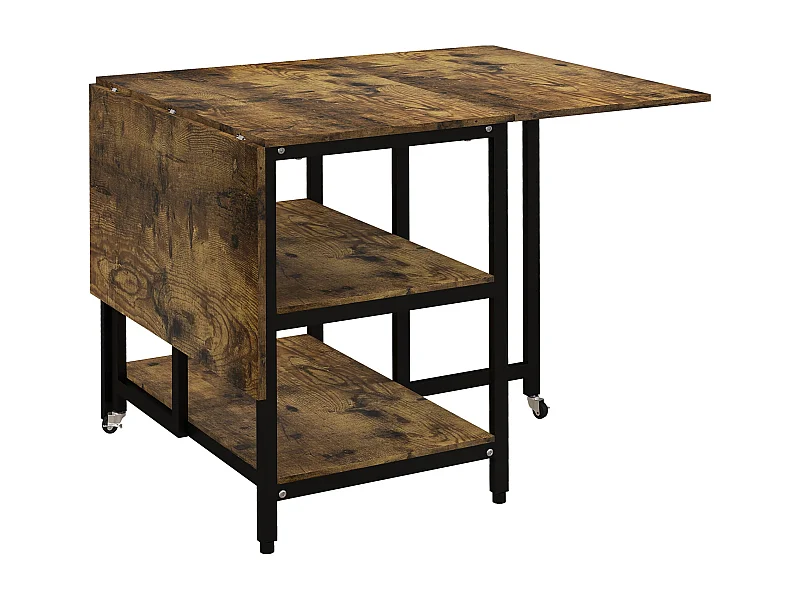Table à Pliage avec 2 Étagères, Acier, Bois Rustique (140x80x75 cm)