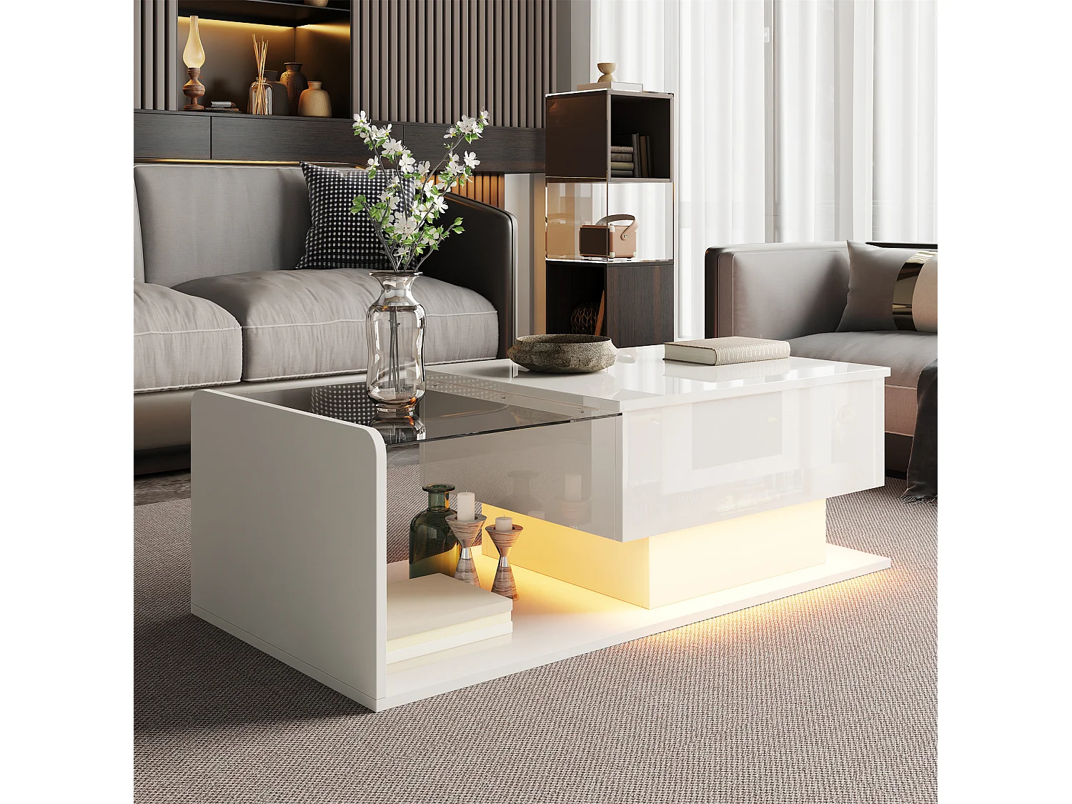 Table basse avec fonction de levage, LED et plateau en verre, blanc brillant, bois (100x50x33/47.5 cm)