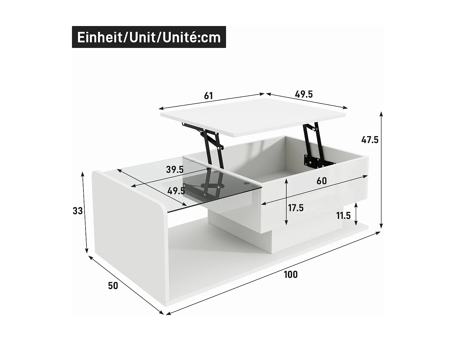 Table basse avec fonction de levage, LED et plateau en verre, blanc brillant, bois (100x50x33/47.5 cm)