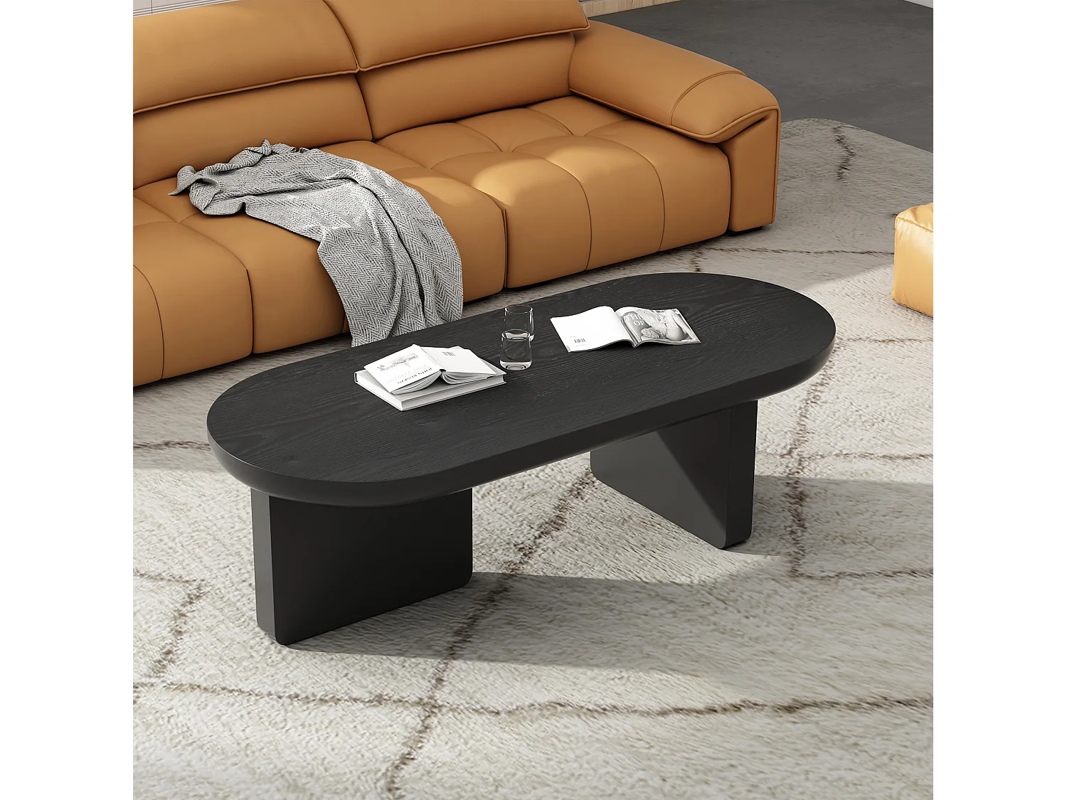 Table basse ovale rotative 360° avec LED, design moderne, MDF, noir (74.8x67.5x31 cm)