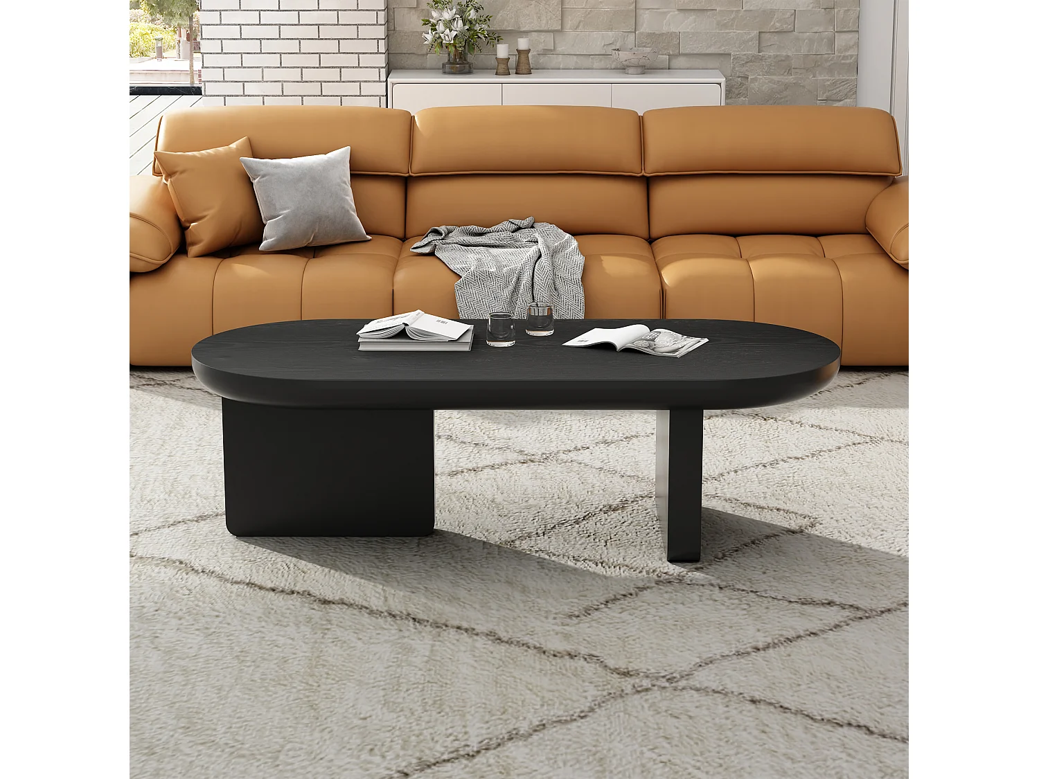 Table basse ovale rotative 360° avec LED, design moderne, MDF, noir (74.8x67.5x31 cm)