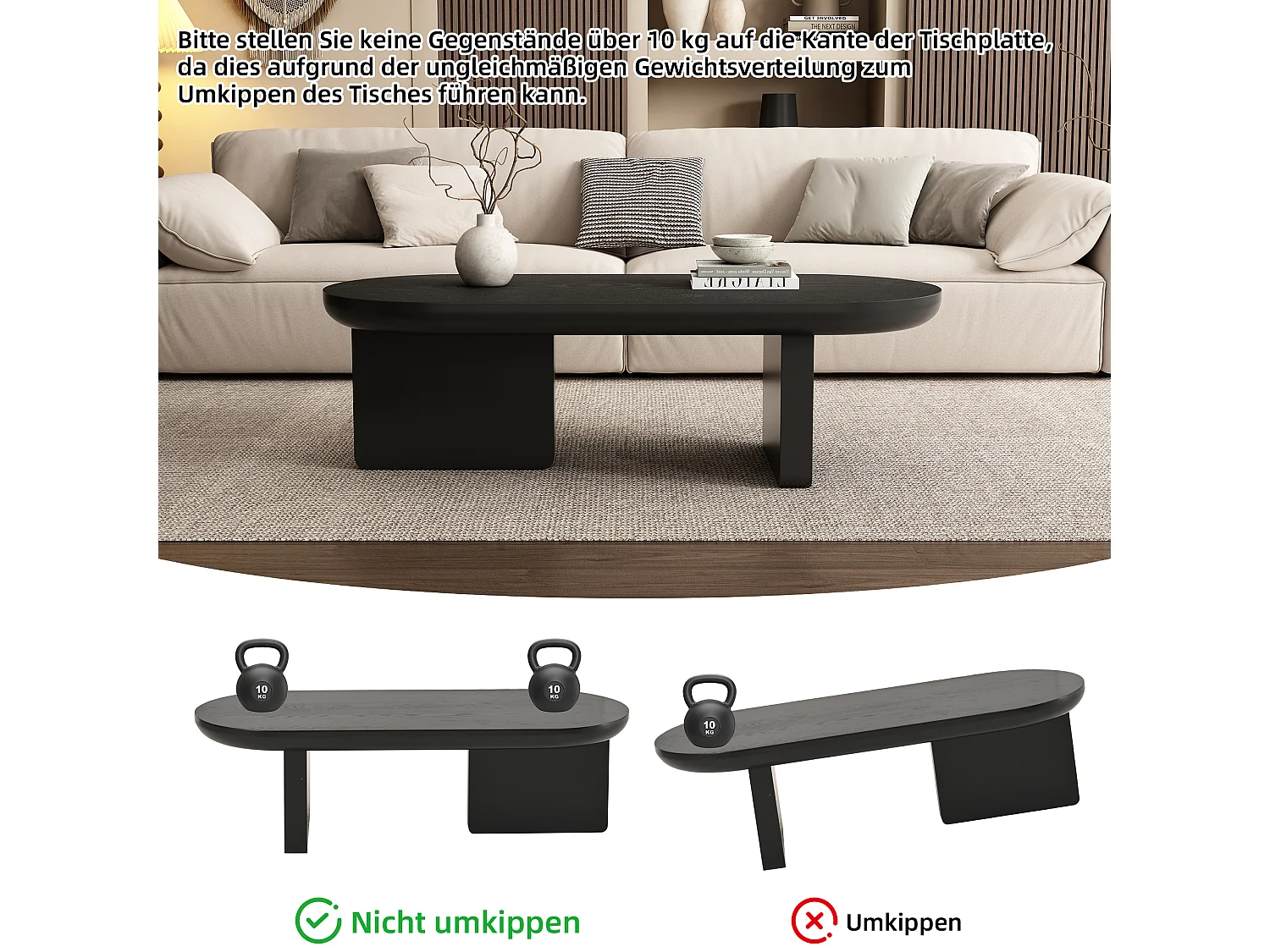 Table basse ovale rotative 360° avec LED, design moderne, MDF, noir (74.8x67.5x31 cm)