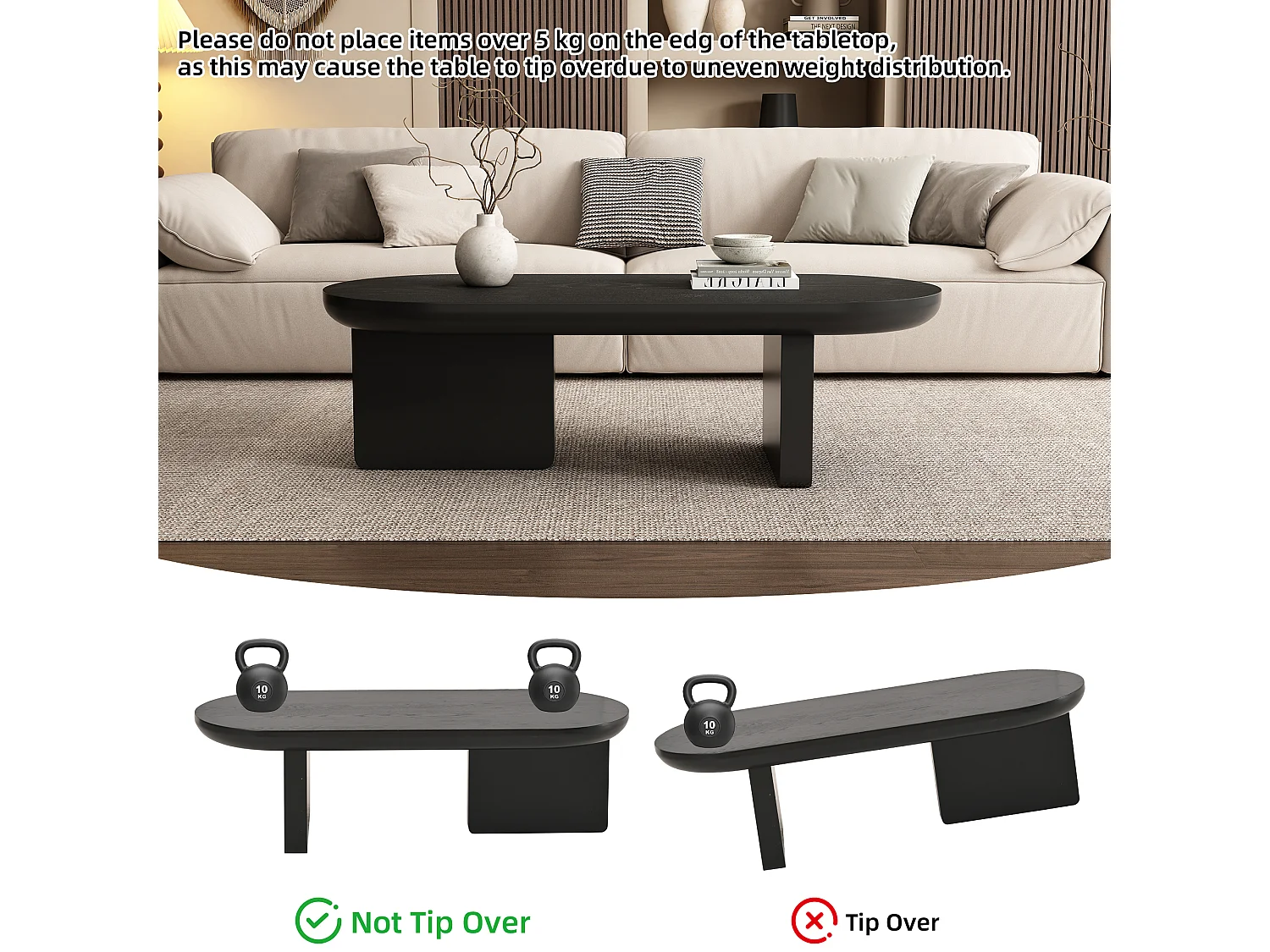 Table basse ovale rotative 360° avec LED, design moderne, MDF, noir (74.8x67.5x31 cm)