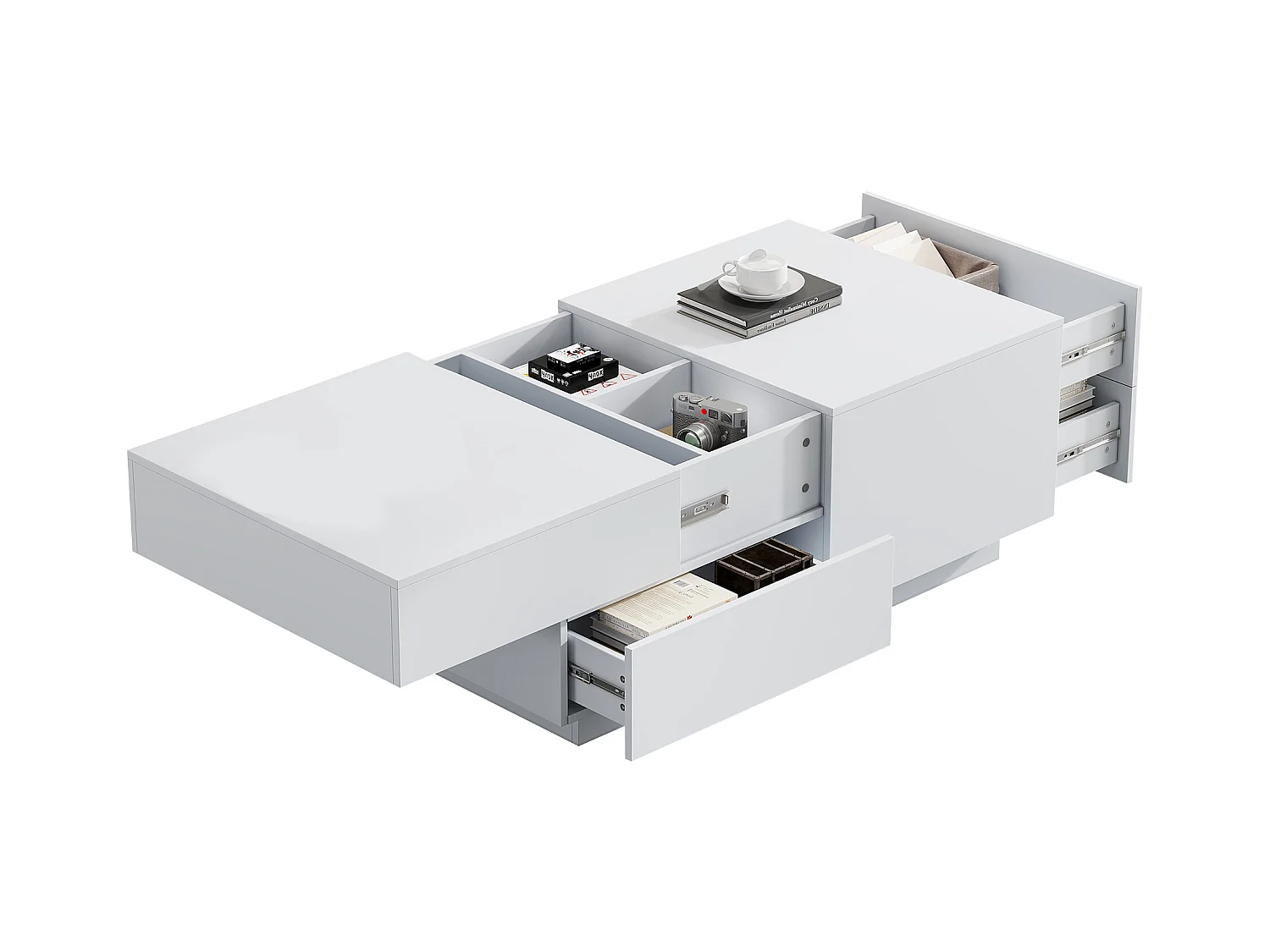 Table Basse Moderne, Table de Salon, Plateau Déplaçable, 4 Tiroirs, Bois, Blanc (90x55x45 cm)