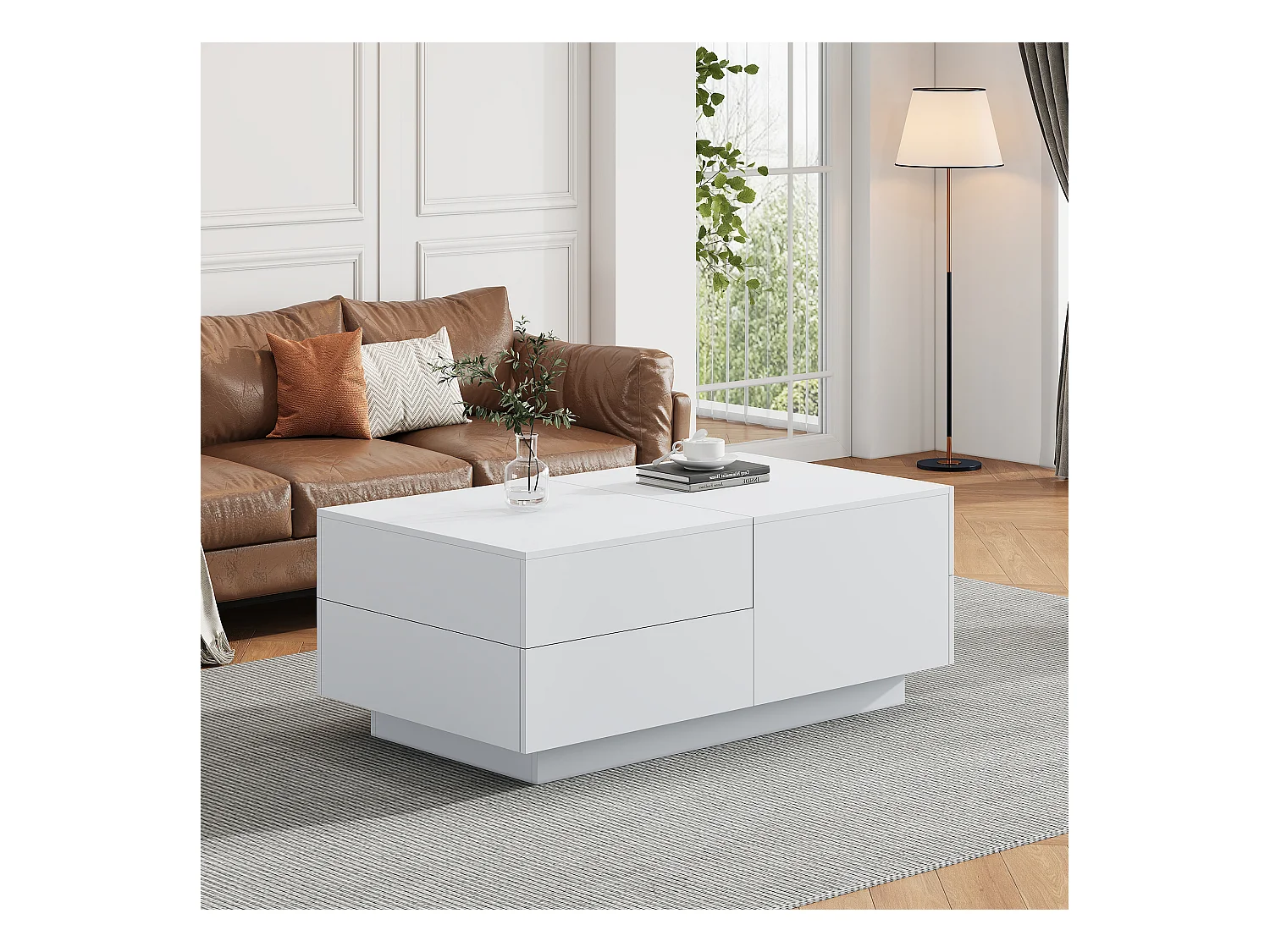 Table Basse Moderne, Table de Salon, Plateau Déplaçable, 4 Tiroirs, Bois, Blanc (90x55x45 cm)