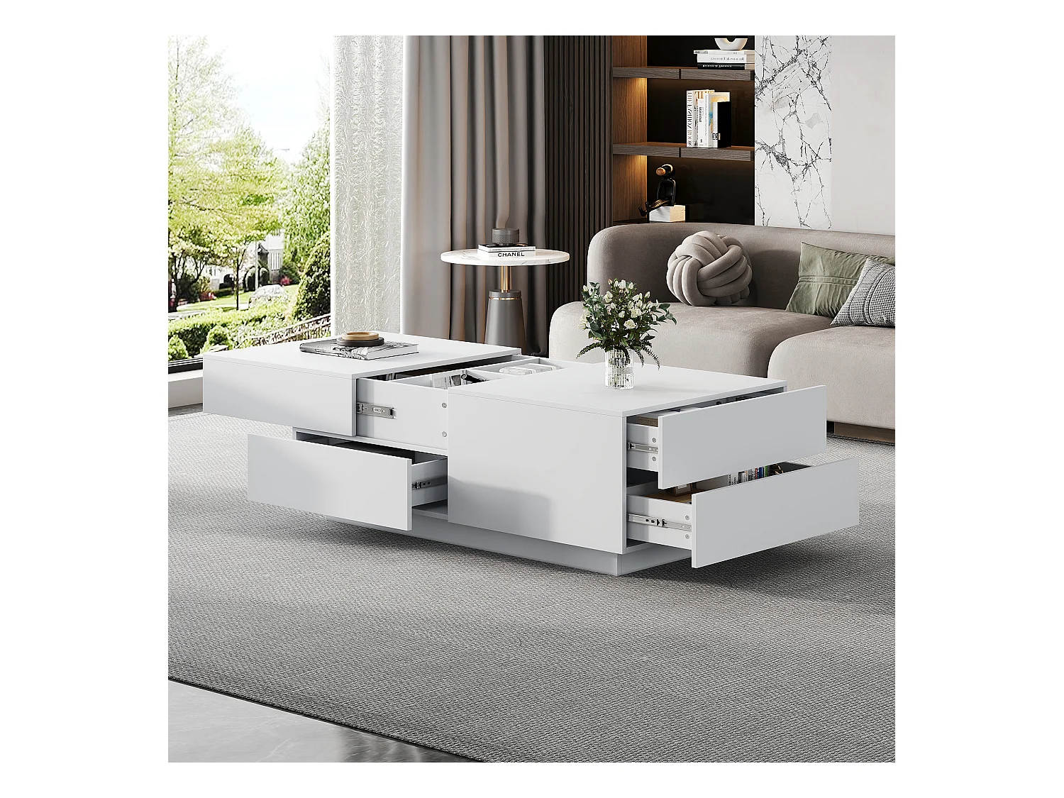 Table Basse Moderne, Table de Salon, Plateau Déplaçable, 4 Tiroirs, Bois, Blanc (90x55x45 cm)