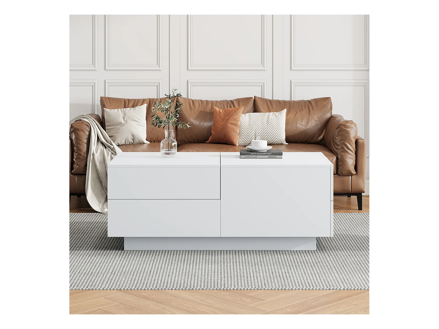 Table Basse Moderne, Table de Salon, Plateau Déplaçable, 4 Tiroirs, Bois, Blanc (90x55x45 cm)