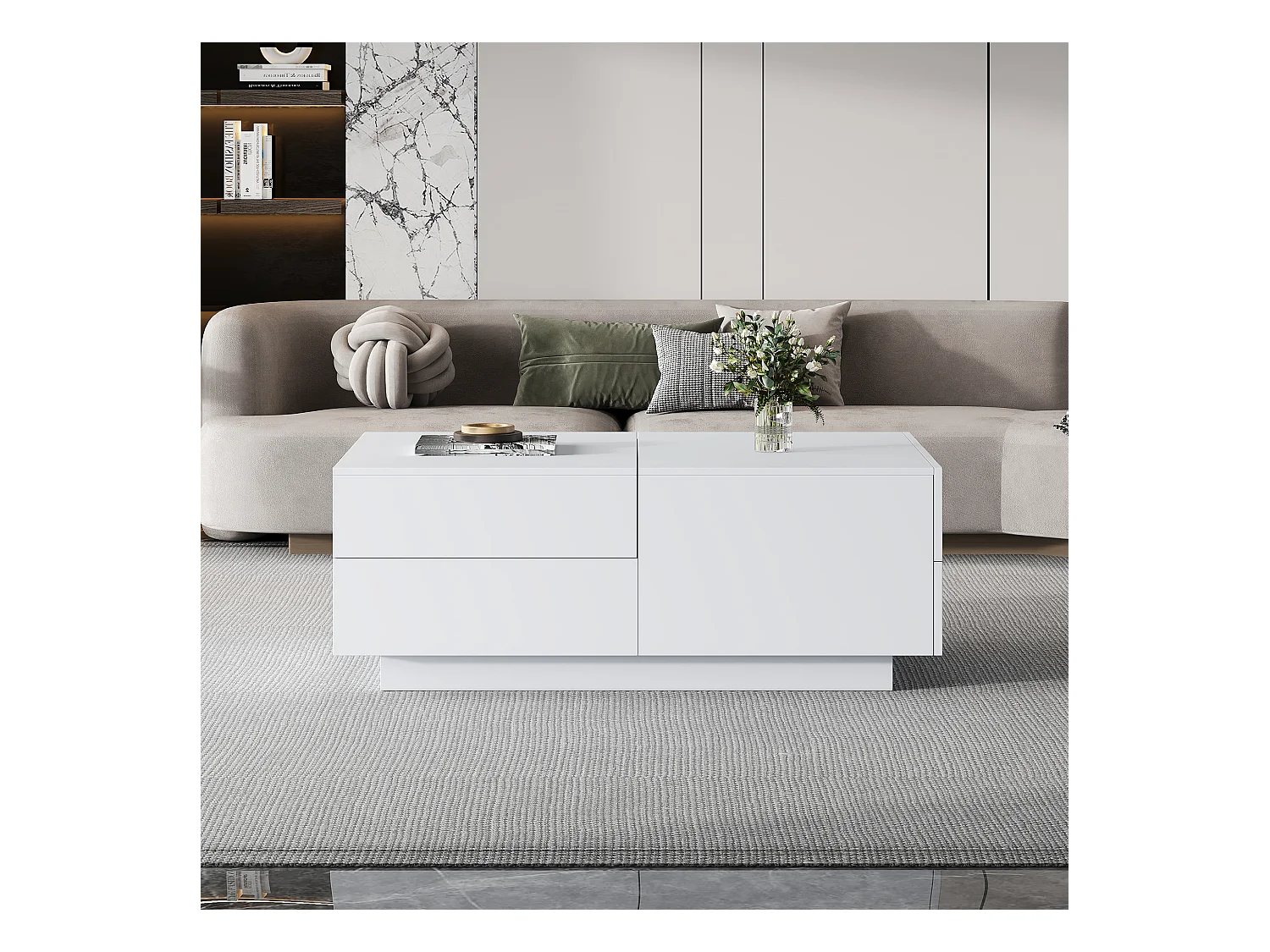 Table Basse Moderne, Table de Salon, Plateau Déplaçable, 4 Tiroirs, Bois, Blanc (90x55x45 cm)