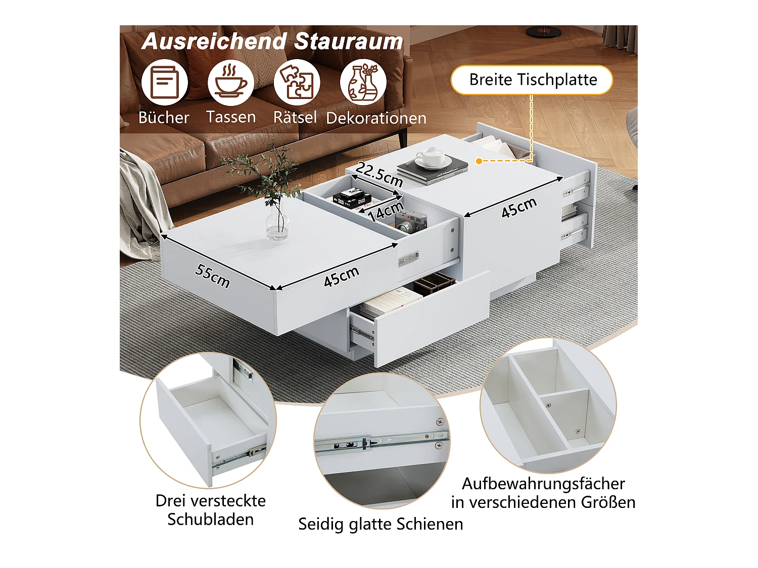 Table Basse Moderne, Table de Salon, Plateau Déplaçable, 4 Tiroirs, Bois, Blanc (90x55x45 cm)