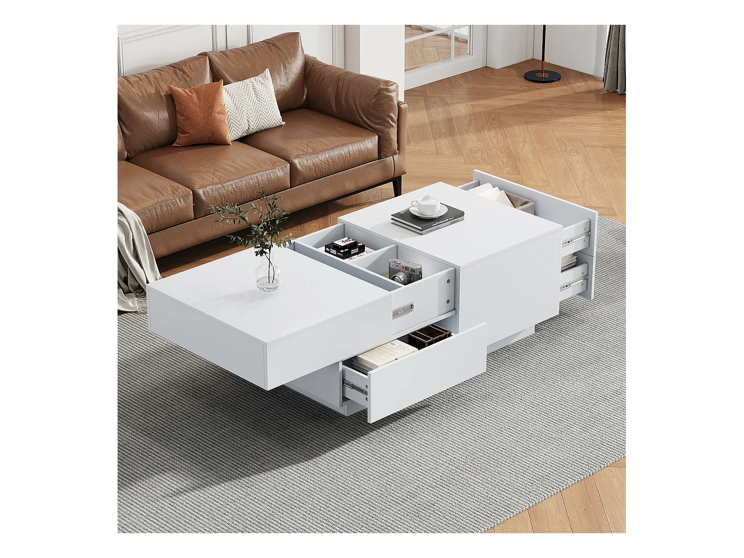 Table Basse Moderne, Table de Salon, Plateau Déplaçable, 4 Tiroirs, Bois, Blanc (90x55x45 cm)