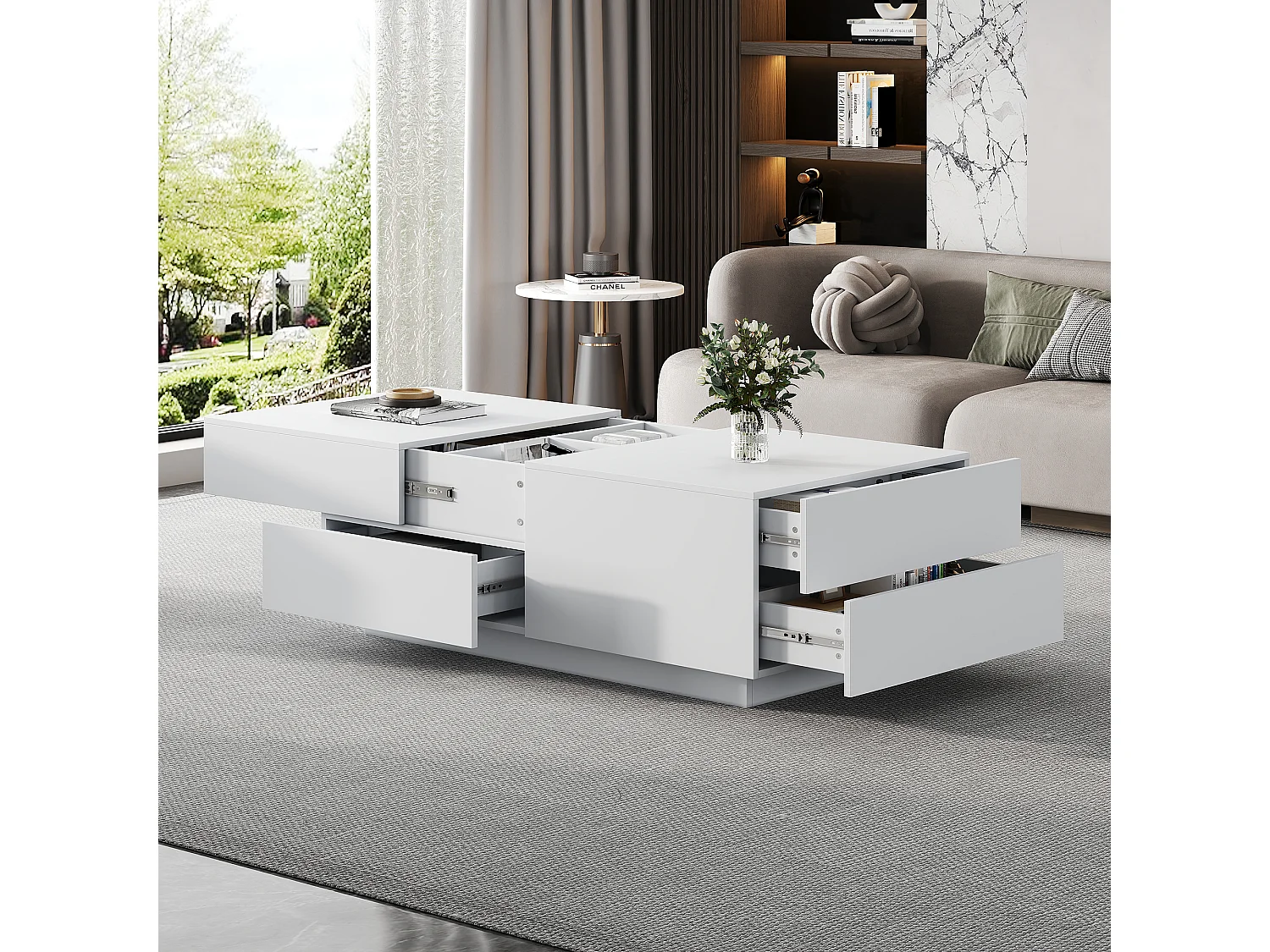 Table Basse Moderne, Table de Salon, Plateau Déplaçable, 4 Tiroirs, Bois, Blanc (90x55x45 cm)