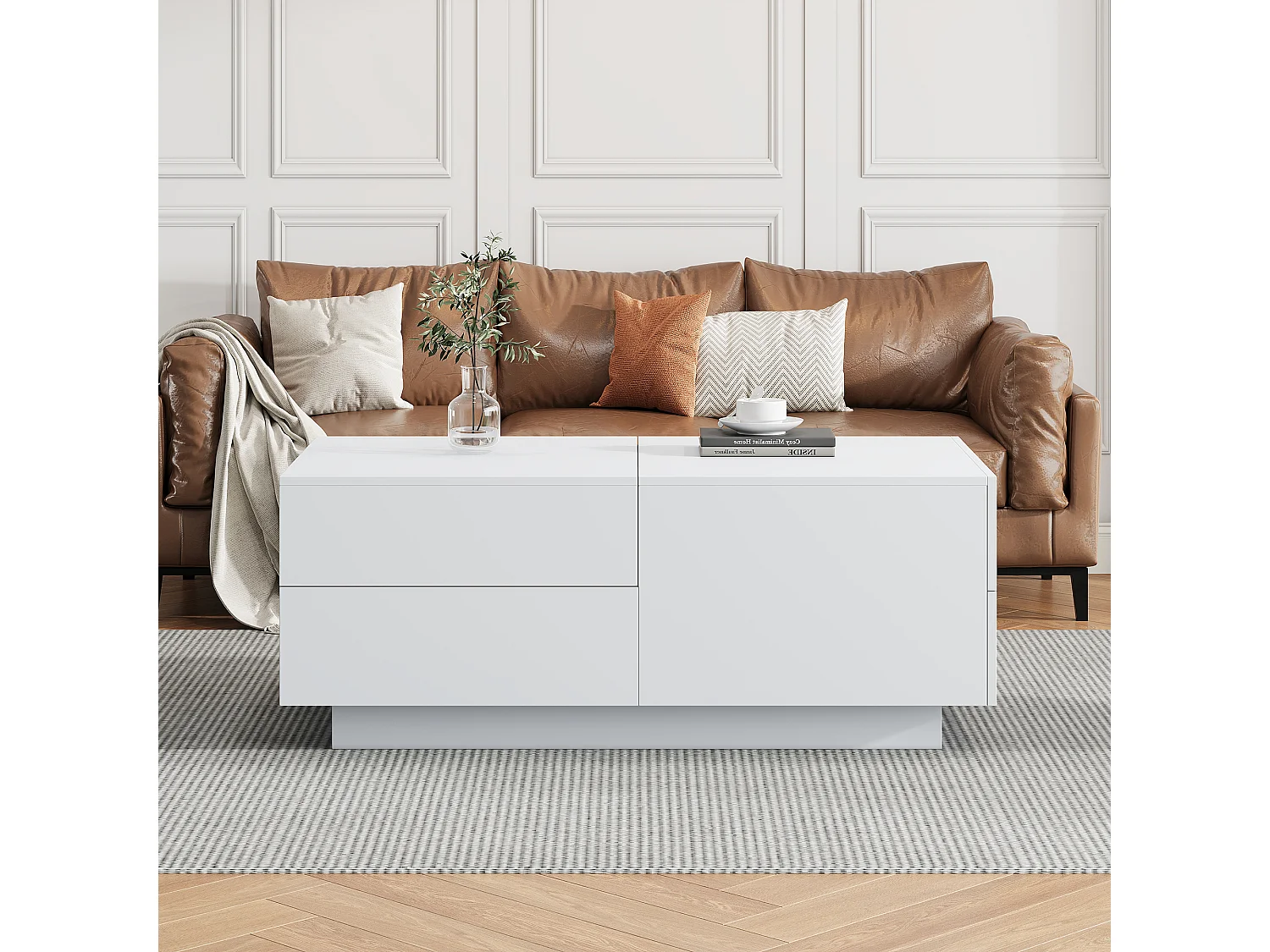 Table Basse Moderne, Table de Salon, Plateau Déplaçable, 4 Tiroirs, Bois, Blanc (90x55x45 cm)