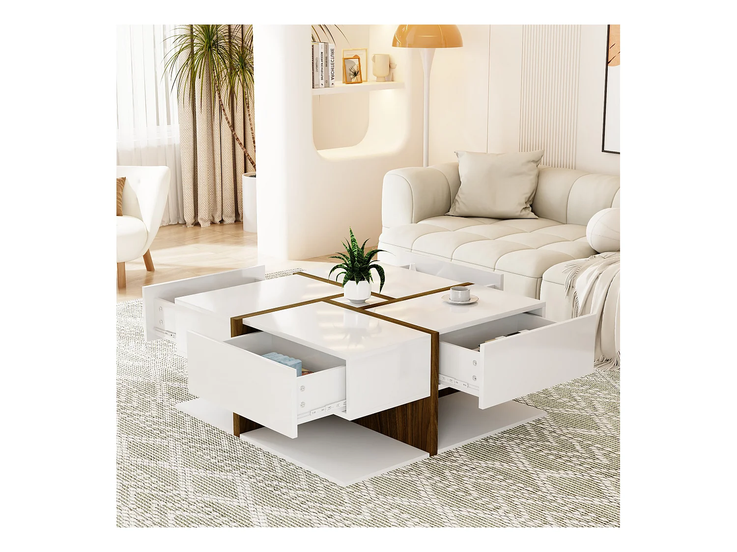 Table basse laquée, avec 4 tiroirs, design unique avec lignes et couleurs contrastées, MDF, blanc et bois, (78x78x34.8 cm)