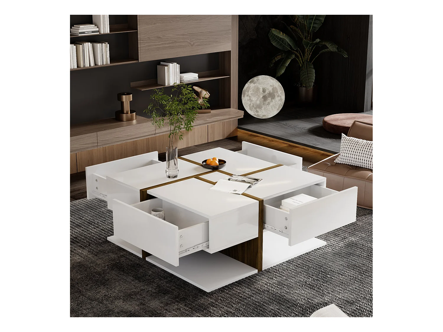 Table basse laquée, avec 4 tiroirs, design unique avec lignes et couleurs contrastées, MDF, blanc et bois, (78x78x34.8 cm)