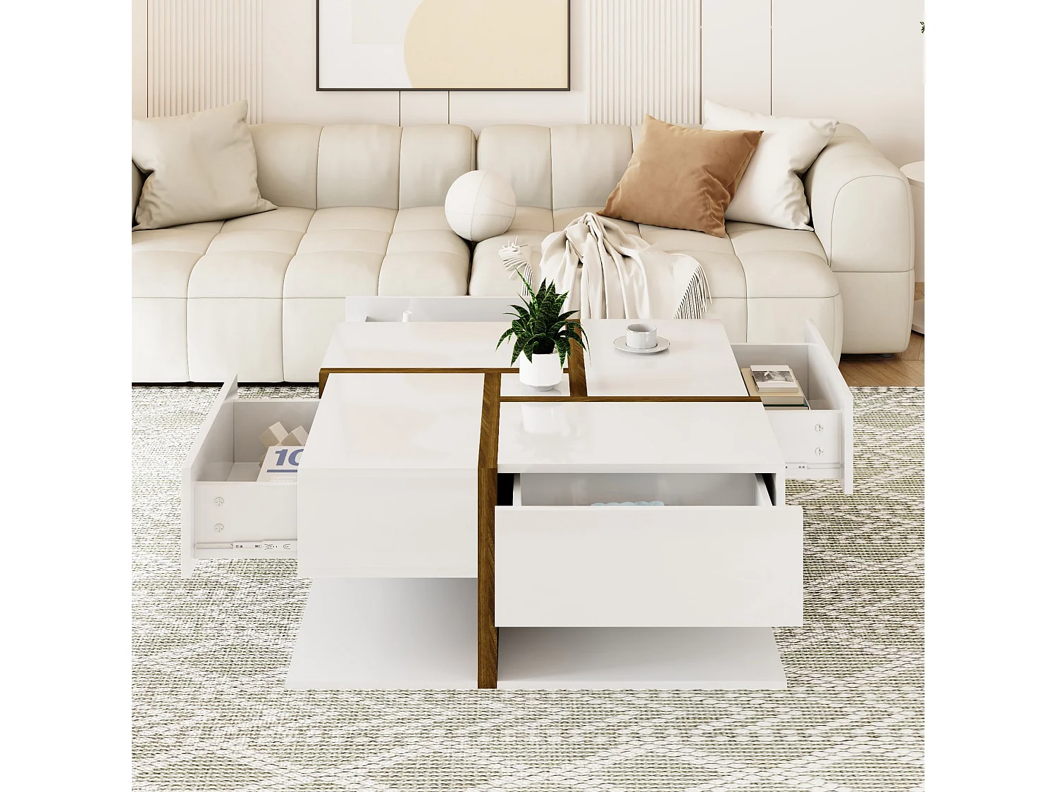 Table basse laquée, avec 4 tiroirs, design unique avec lignes et couleurs contrastées, MDF, blanc et bois, (78x78x34.8 cm)