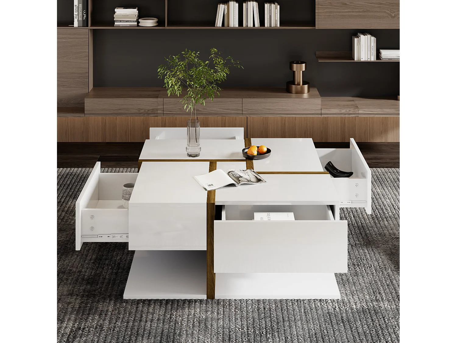 Table basse laquée, avec 4 tiroirs, design unique avec lignes et couleurs contrastées, MDF, blanc et bois, (78x78x34.8 cm)