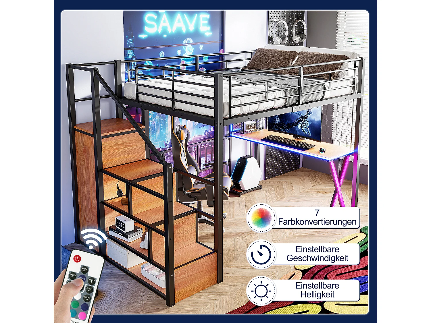 Cama alta de 140x200 cm con LED, estantes, escritorio, almacenaje, metal, color negro (253,5x145x169 cm)