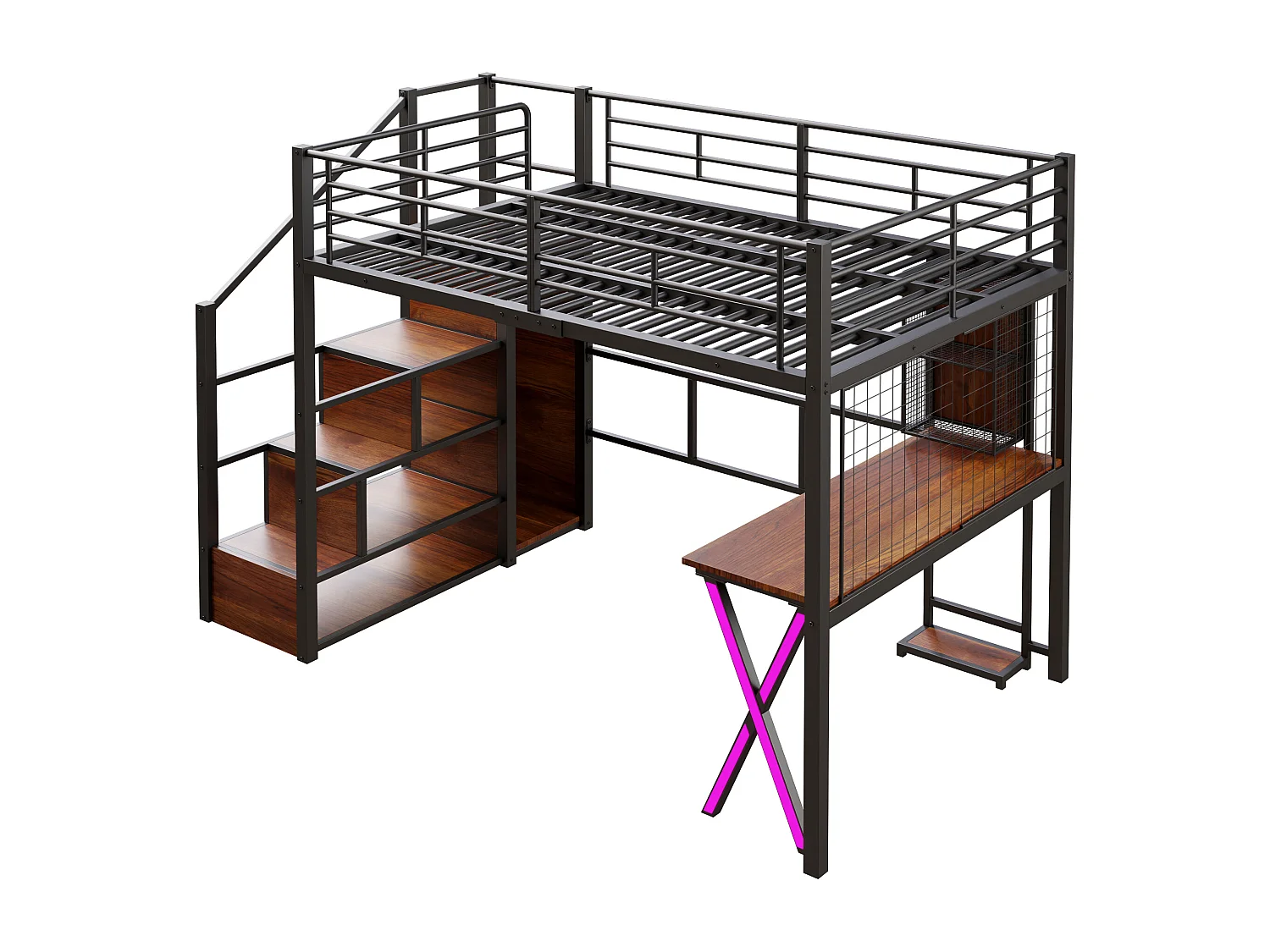 Cama alta de 140x200 cm con LED, estantes, escritorio, almacenaje, metal, color negro (253,5x145x169 cm)