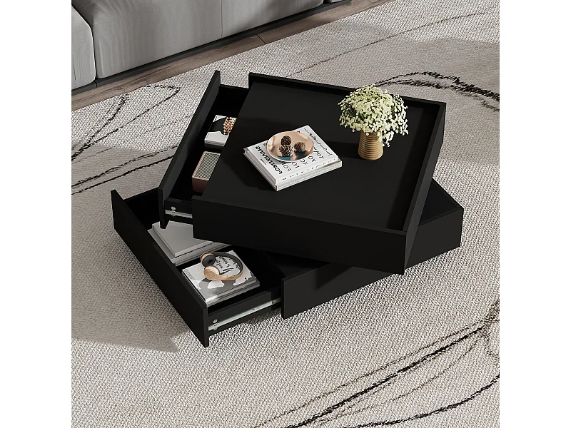 Functionele salontafel met 360° draaibaar blad, 2 lades en opbergruimte, spaanplaatstructuur, zwart (60x60x38 cm)