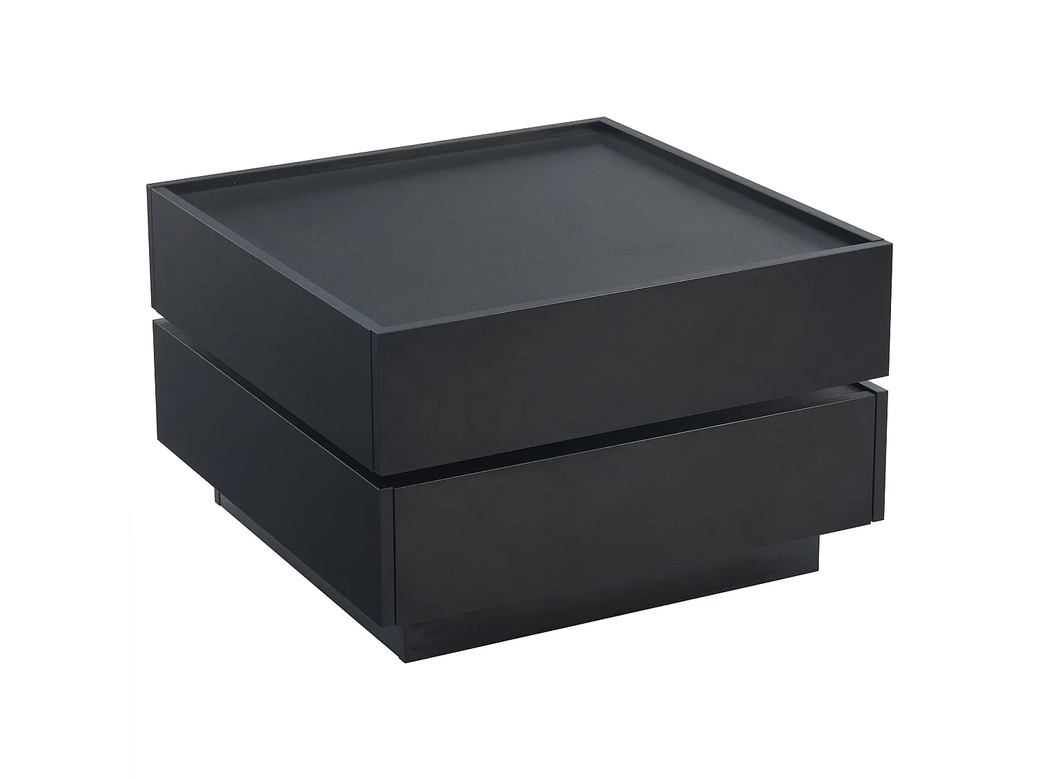 Table basse fonctionnelle avec plateau rotatif 360°, 2 tiroirs et rangement, structure en aggloméré, noir (60x60x38 cm)