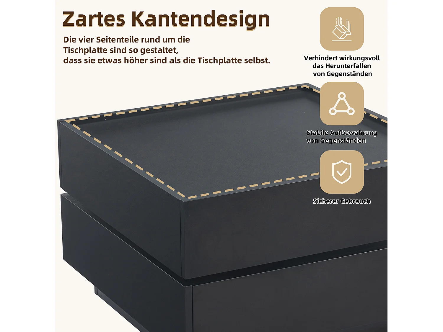 Table basse fonctionnelle avec plateau rotatif 360°, 2 tiroirs et rangement, structure en aggloméré, noir (60x60x38 cm)