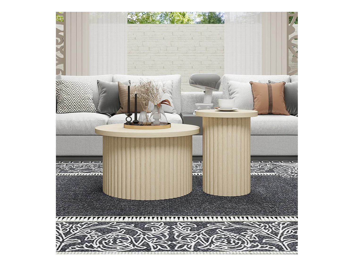 Ensemble de tables basses rondes, design en bois naturel, 2 pièces, MDF, avec base ondulée (68.7x40.6 cm, 40.1x51.7 cm)