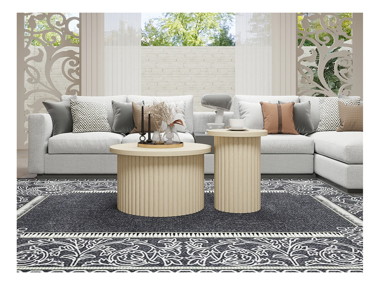 Ensemble de tables basses rondes, design en bois naturel, 2 pièces, MDF, avec base ondulée (68.7x40.6 cm, 40.1x51.7 cm)