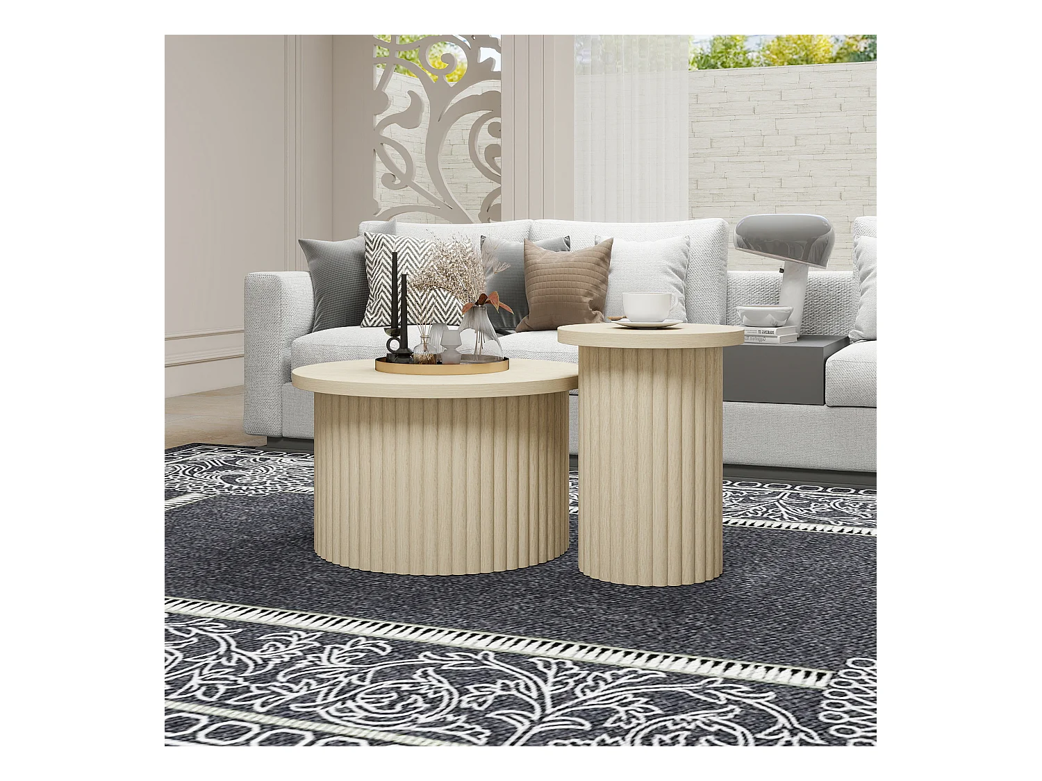 Ensemble de tables basses rondes, design en bois naturel, 2 pièces, MDF, avec base ondulée (68.7x40.6 cm, 40.1x51.7 cm)