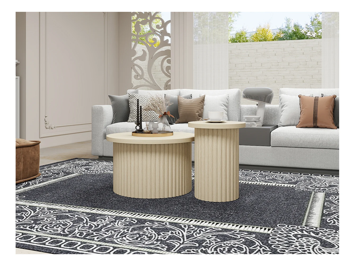 Ensemble de tables basses rondes, design en bois naturel, 2 pièces, MDF, avec base ondulée (68.7x40.6 cm, 40.1x51.7 cm)