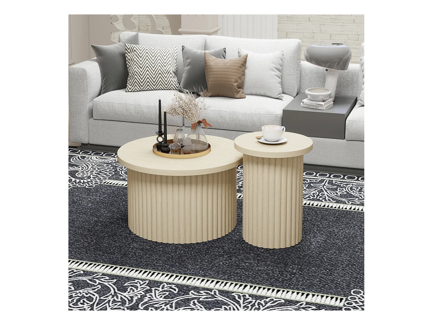 Ensemble de tables basses rondes, design en bois naturel, 2 pièces, MDF, avec base ondulée (68.7x40.6 cm, 40.1x51.7 cm)