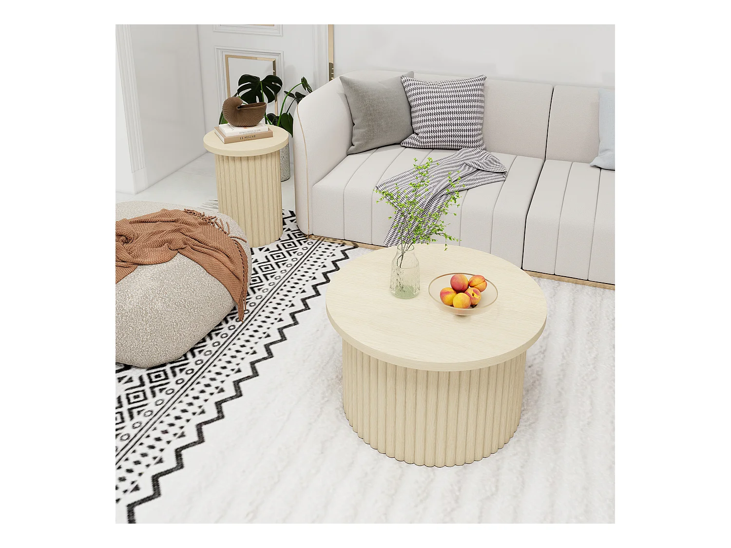 Ensemble de tables basses rondes, design en bois naturel, 2 pièces, MDF, avec base ondulée (68.7x40.6 cm, 40.1x51.7 cm)