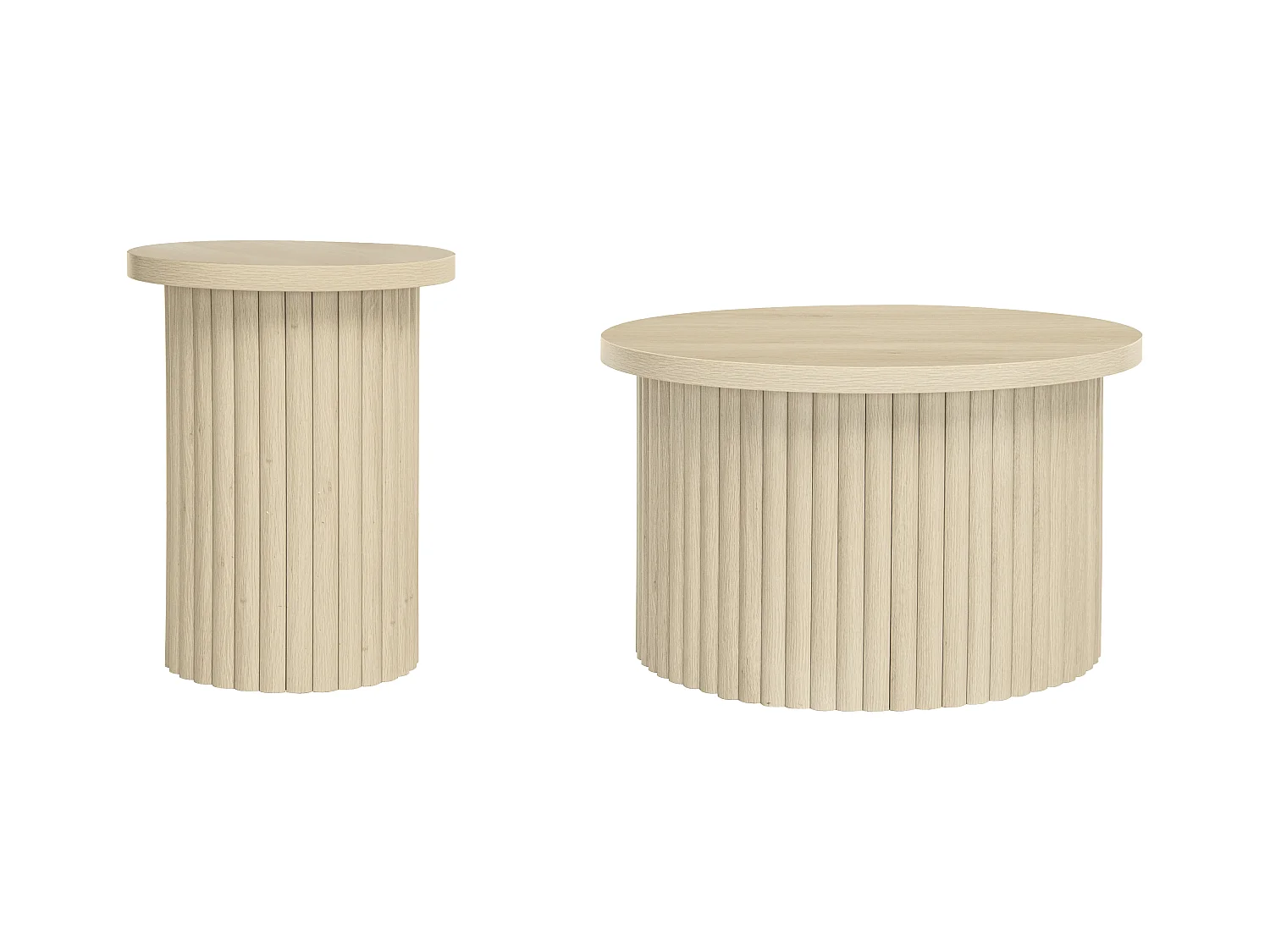 Ensemble de tables basses rondes, design en bois naturel, 2 pièces, MDF, avec base ondulée (68.7x40.6 cm, 40.1x51.7 cm)