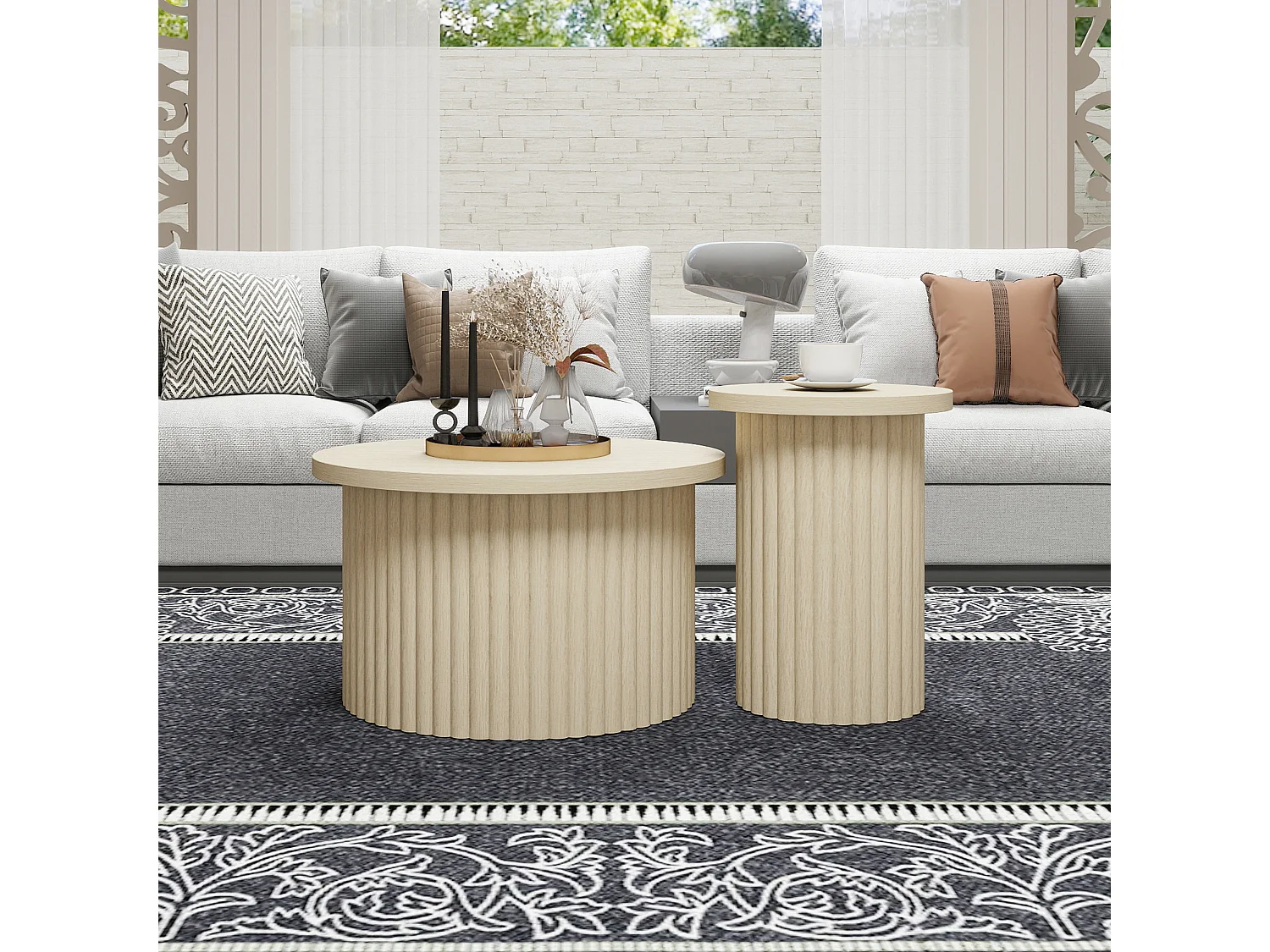 Ensemble de tables basses rondes, design en bois naturel, 2 pièces, MDF, avec base ondulée (68.7x40.6 cm, 40.1x51.7 cm)