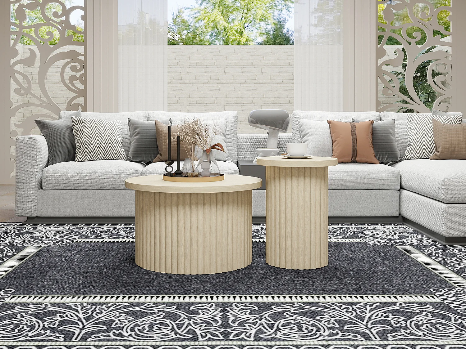 Ensemble de tables basses rondes, design en bois naturel, 2 pièces, MDF, avec base ondulée (68.7x40.6 cm, 40.1x51.7 cm)